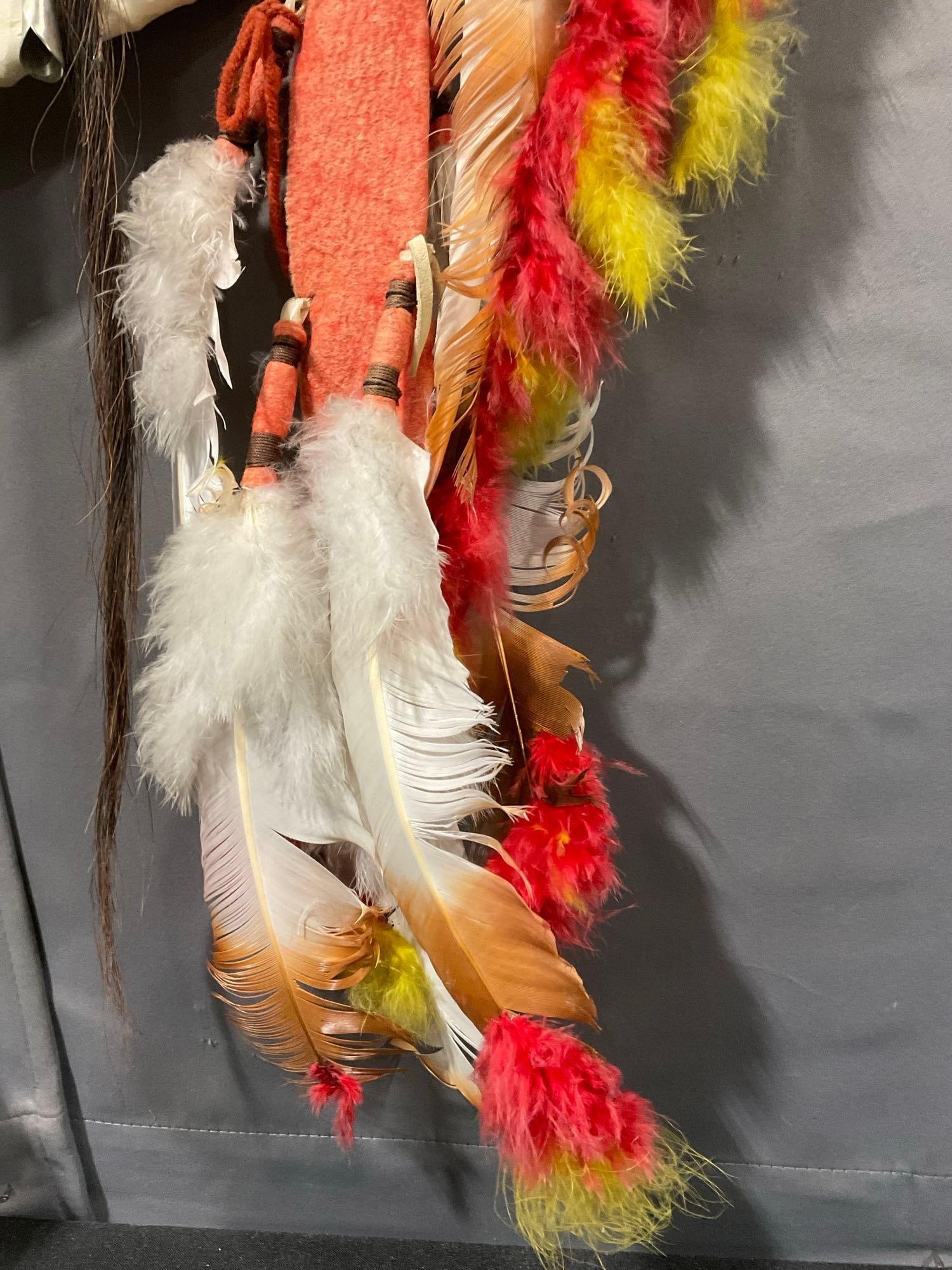 Native American Plains Indian Painted War Shield, Stretched Leather, Feathers & Animal Skull, 20x20 - 4