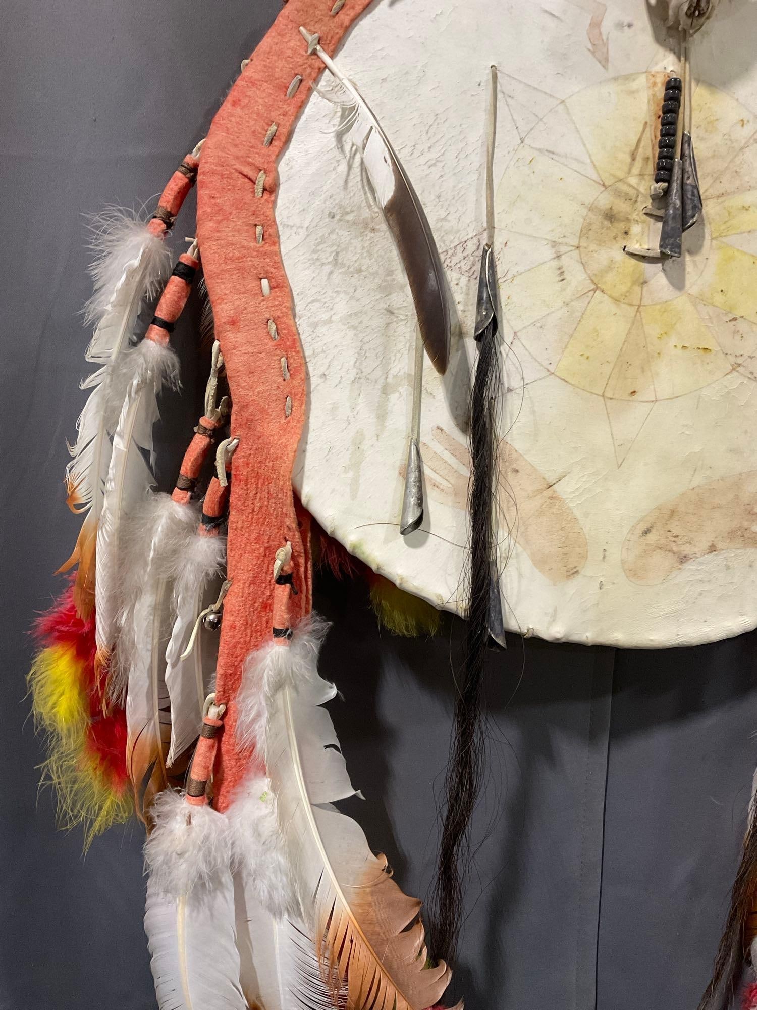 Native American Plains Indian Painted War Shield, Stretched Leather, Feathers & Animal Skull, 20x20 - 5