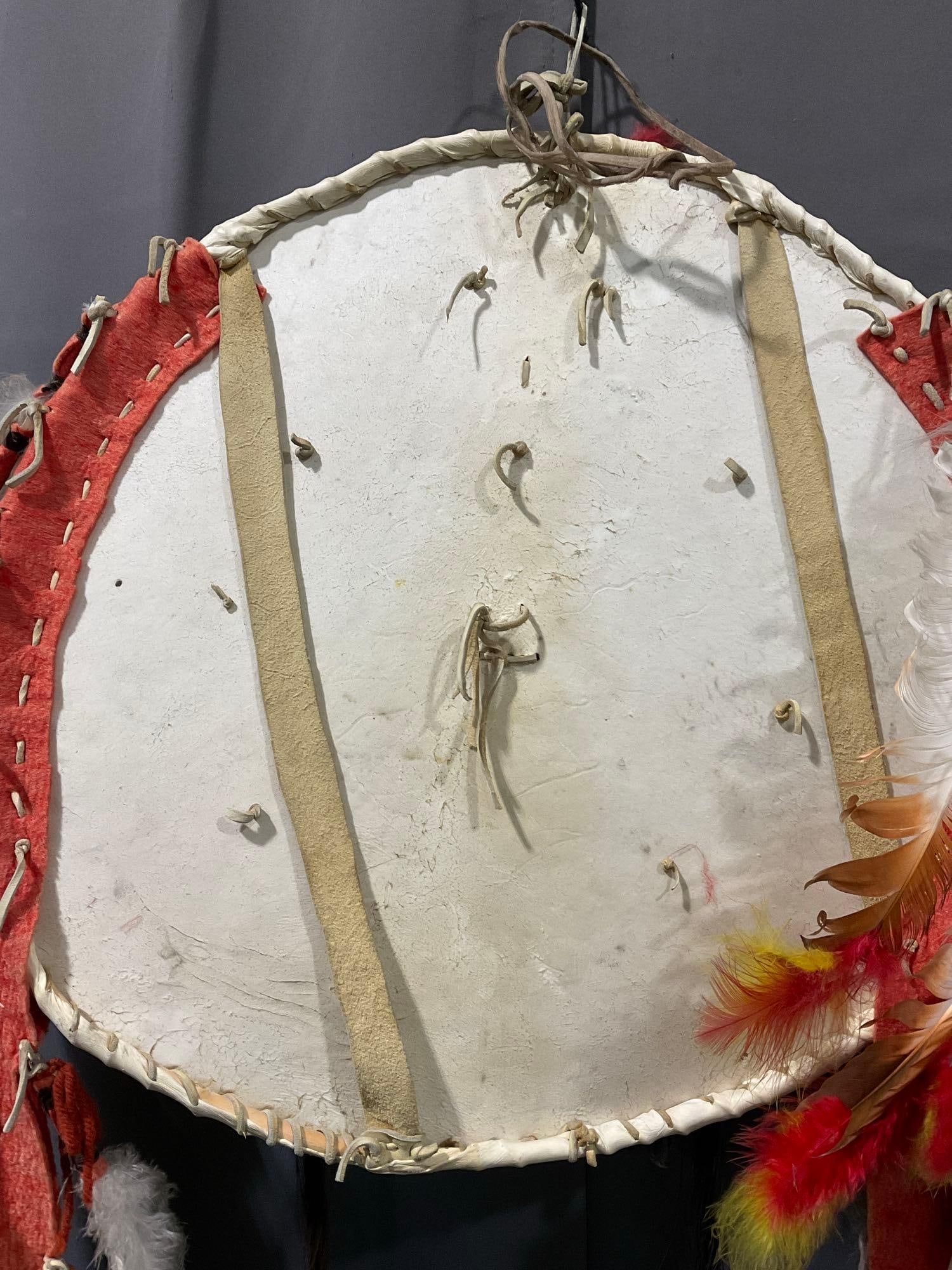 Native American Plains Indian Painted War Shield, Stretched Leather, Feathers & Animal Skull, 20x20 - 7