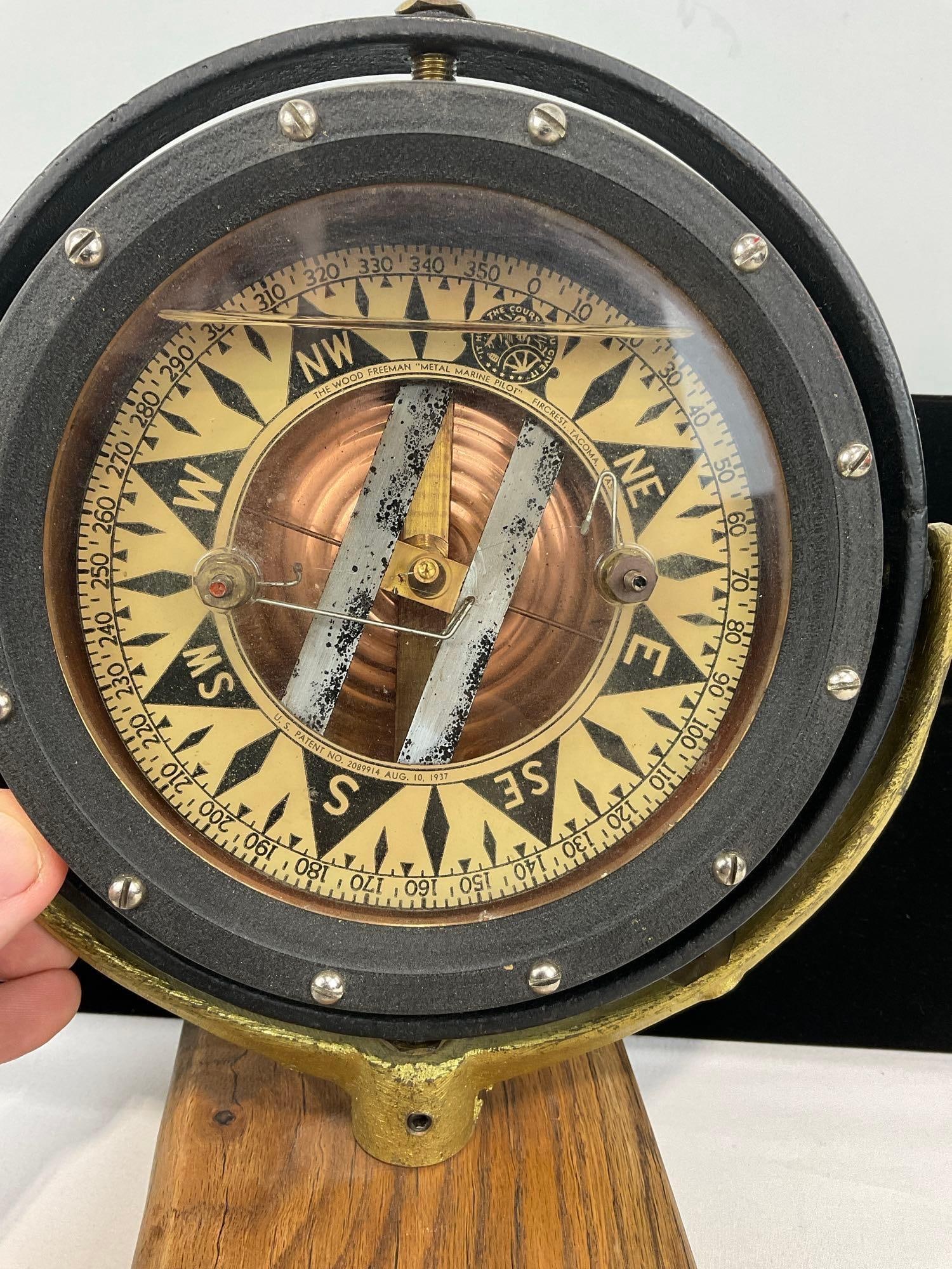 Vintage Wood Freeman Metal Marine Pilot, Autopilot Compass on a Gimbal, 9h x 9w x 9d inches - 2