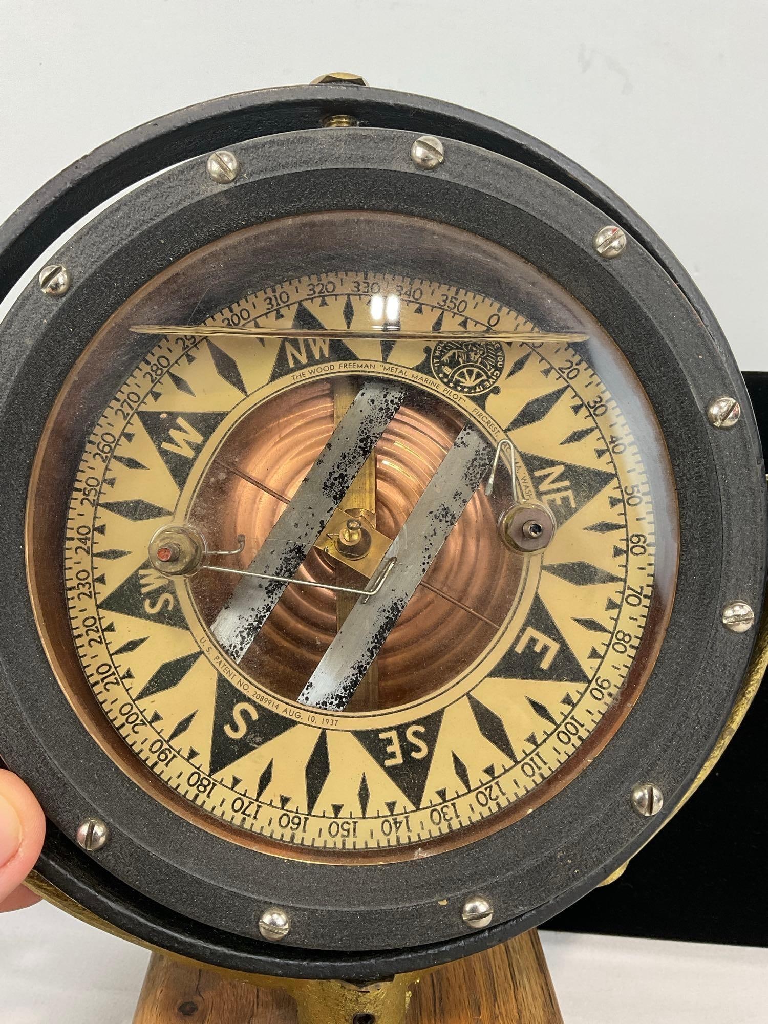 Vintage Wood Freeman Metal Marine Pilot, Autopilot Compass on a Gimbal, 9h x 9w x 9d inches - 3