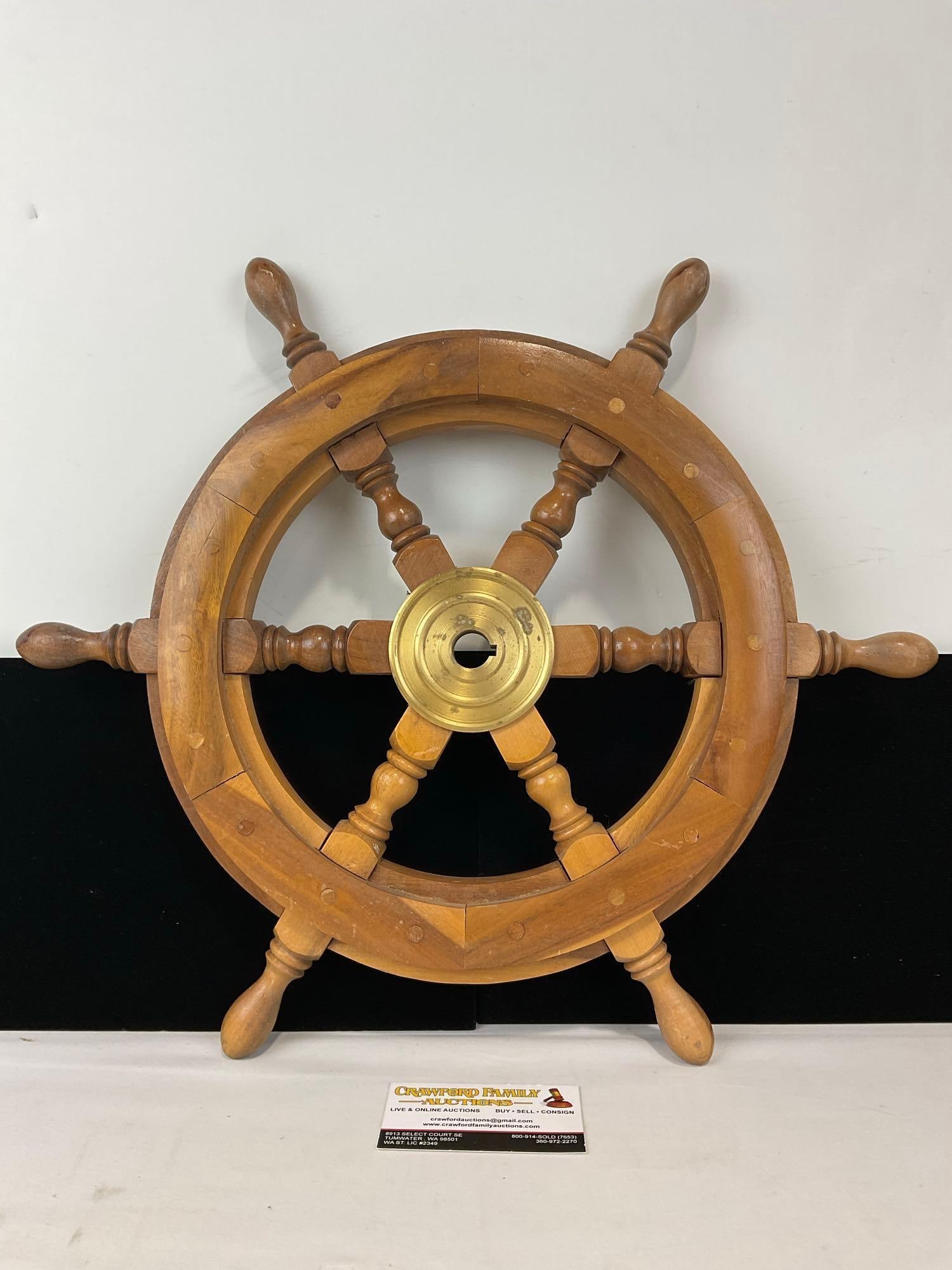 Solid Wooden Ships Wheel, Brass Center Hub, Decor piece, 19h x 19w x 3d inches (1 of 5)