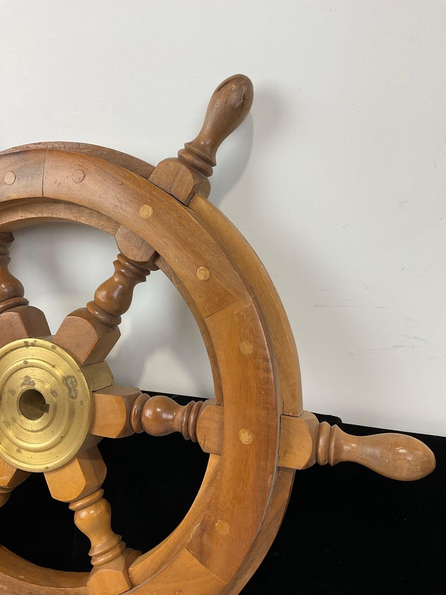 Solid Wooden Ships Wheel, Brass Center Hub, Decor piece, 19h x 19w x 3d inches - 2