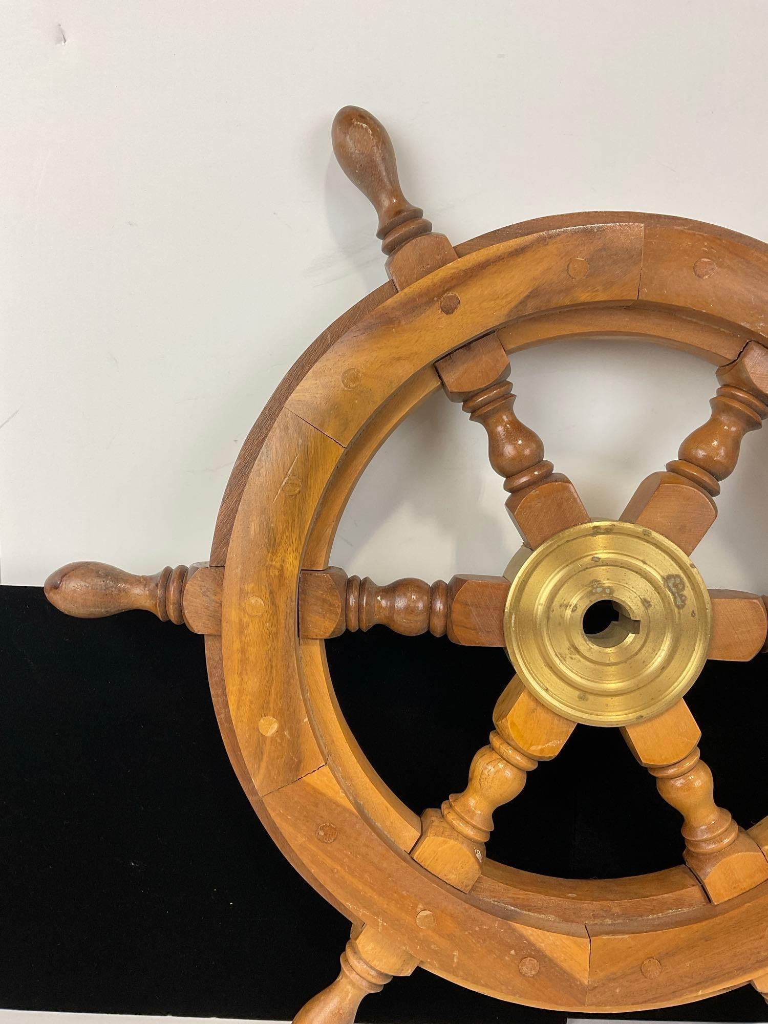 Solid Wooden Ships Wheel, Brass Center Hub, Decor piece, 19h x 19w x 3d inches - 4