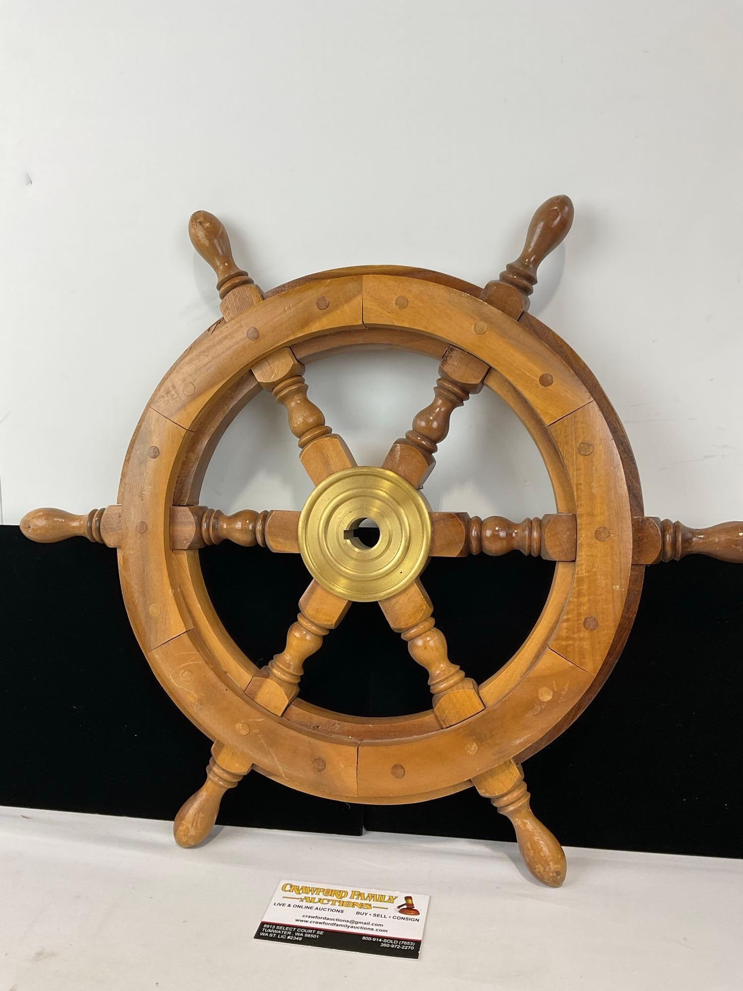Solid Wooden Ships Wheel, Brass Center Hub, Decor piece, 19h x 19w x 3d inches - 5