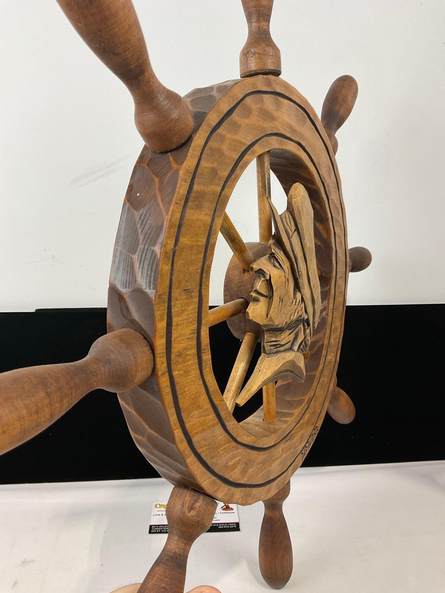 Vintage Carved Wooden Ships Wheel w/Sailor Motif, Signed, Eight Spokes, 21h x 21w x 3d inches - 5