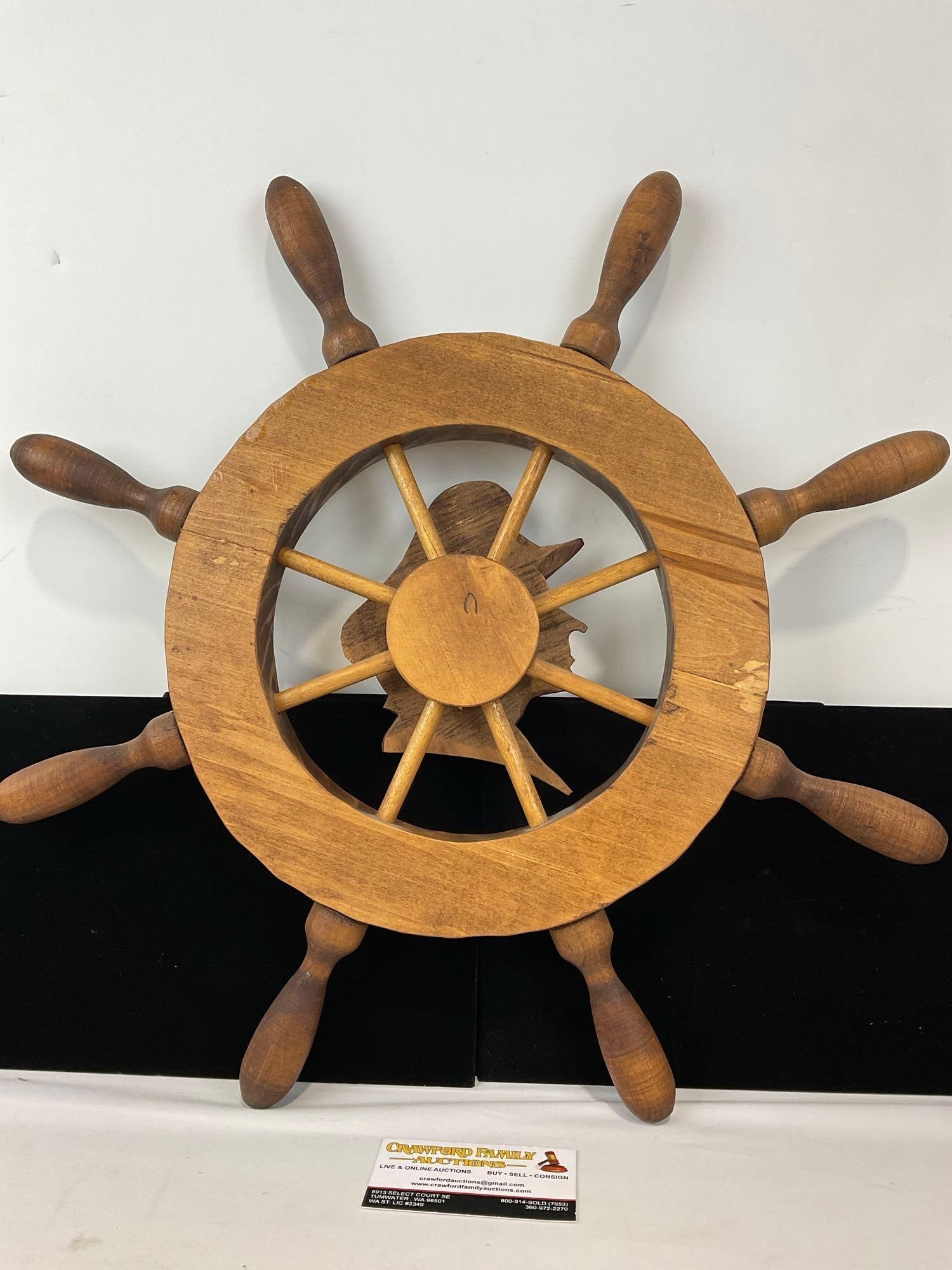 Vintage Carved Wooden Ships Wheel w/Sailor Motif, Signed, Eight Spokes, 21h x 21w x 3d inches - 6
