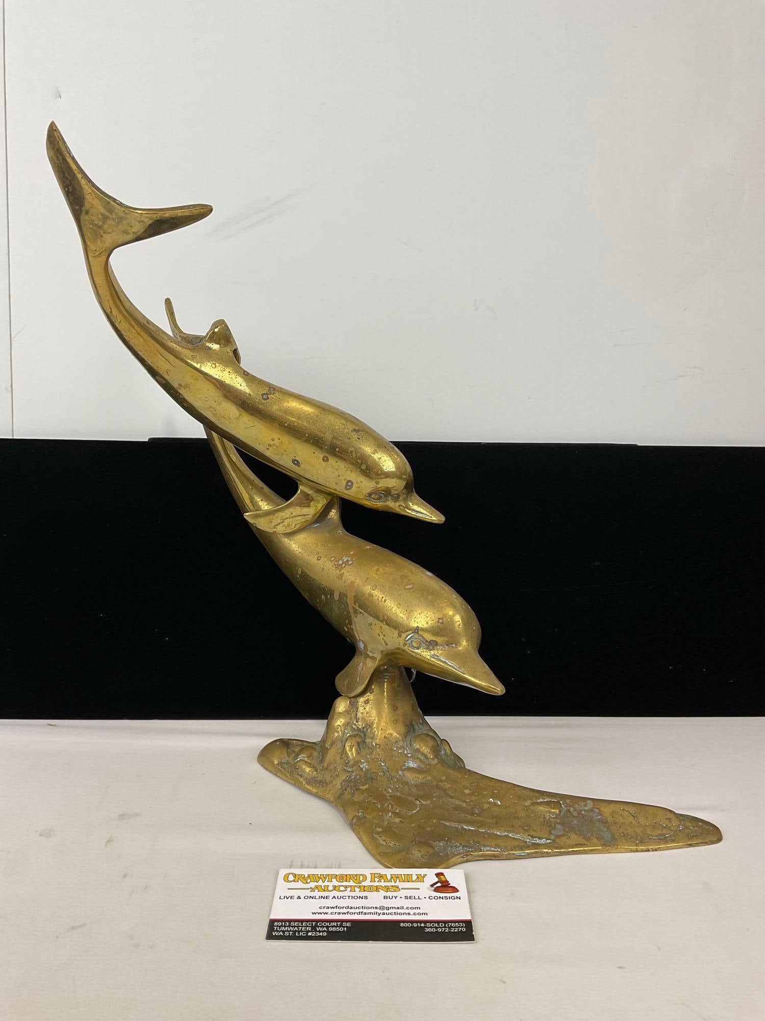 Vintage 1950s Cast Brass Two Dolphin Statue, approx 14h x 16w x 9d inches (1 of 4)