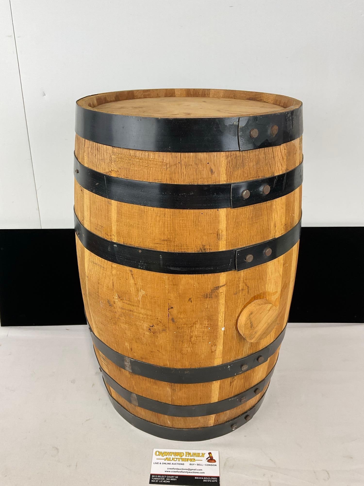 Banded Iron Wooden Mini Keg, Firkin, approx 18h x 12w x 12d inches (1 of 4)