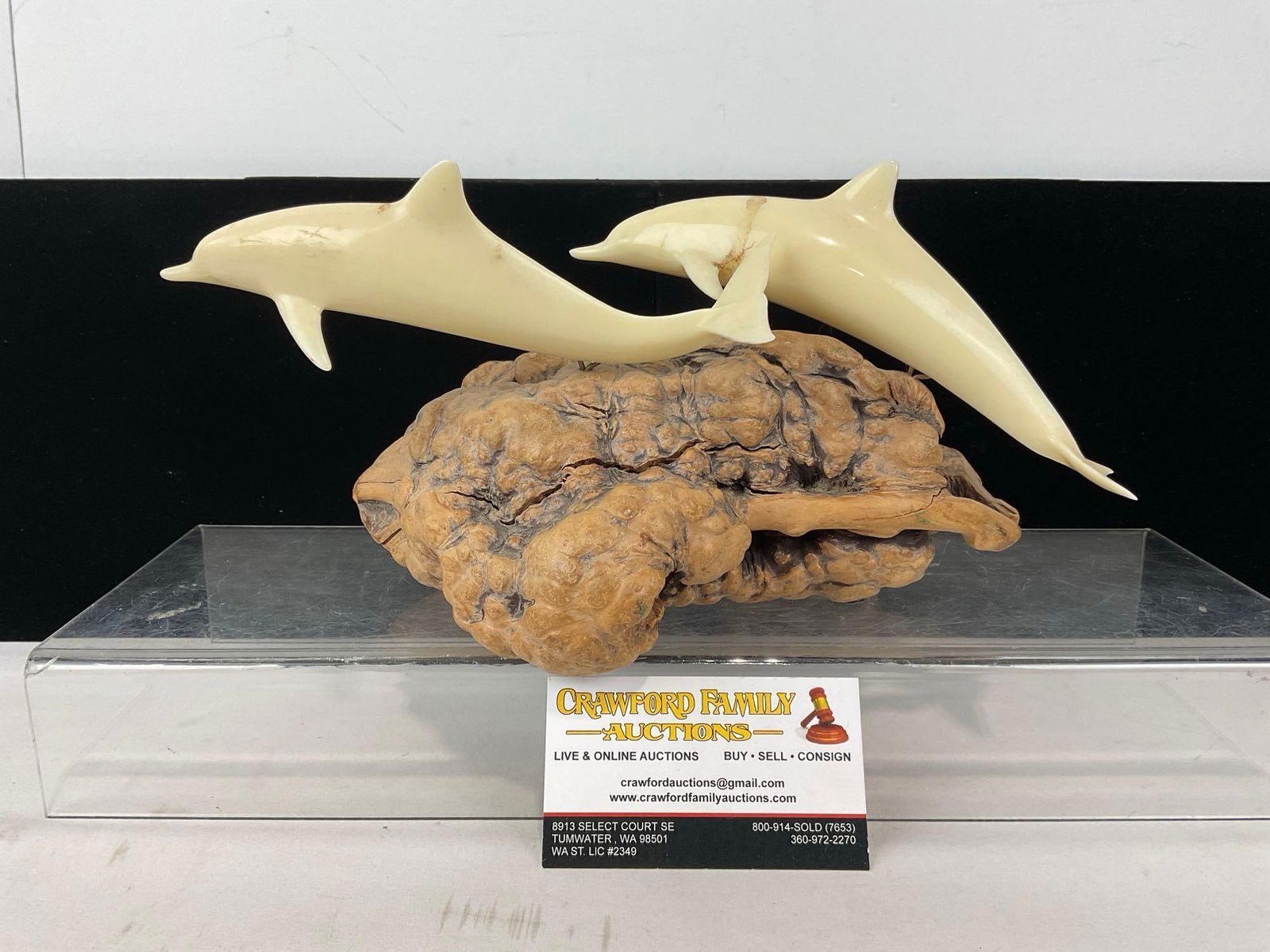 Vintage John Perry Two Dolphin Sculpture on Burlwood Base, Signed on the base, 6h x 12w x 8d inches: Appears to be in good shape. The piece measures approx 6h x 12w x 8d inches. See pics. E-4880 