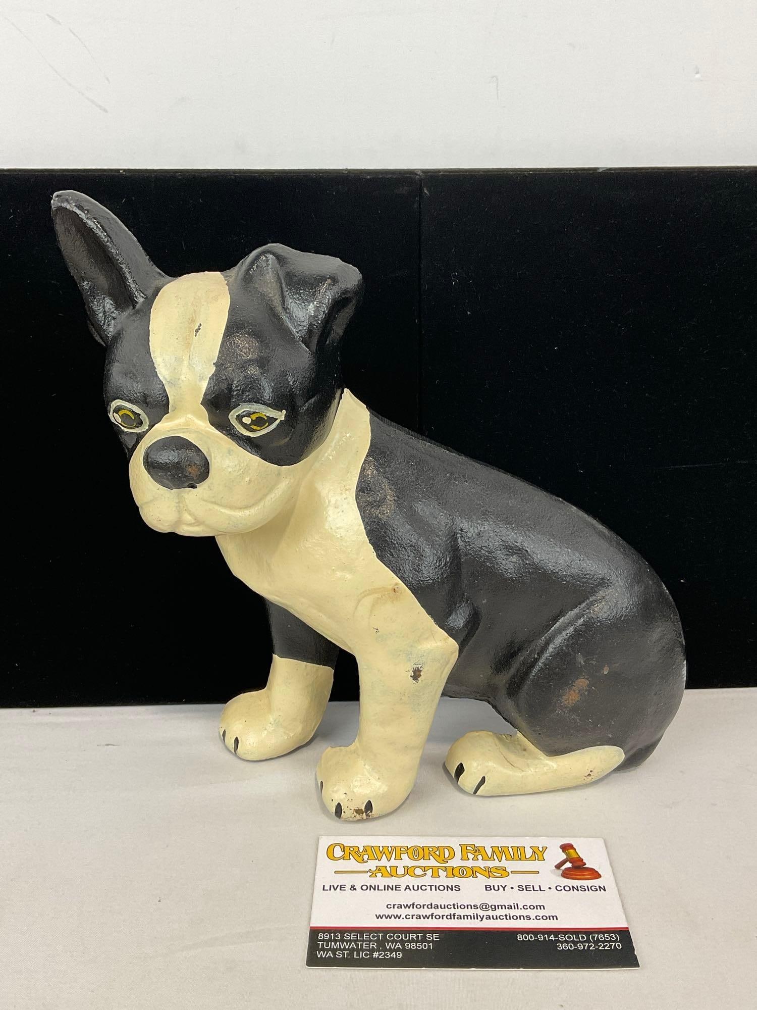 Vintage Cast Iron Boston Terrier Dog Doorstop, Painted Black & White, 8h x 9w x 5d inches (1 of 5)