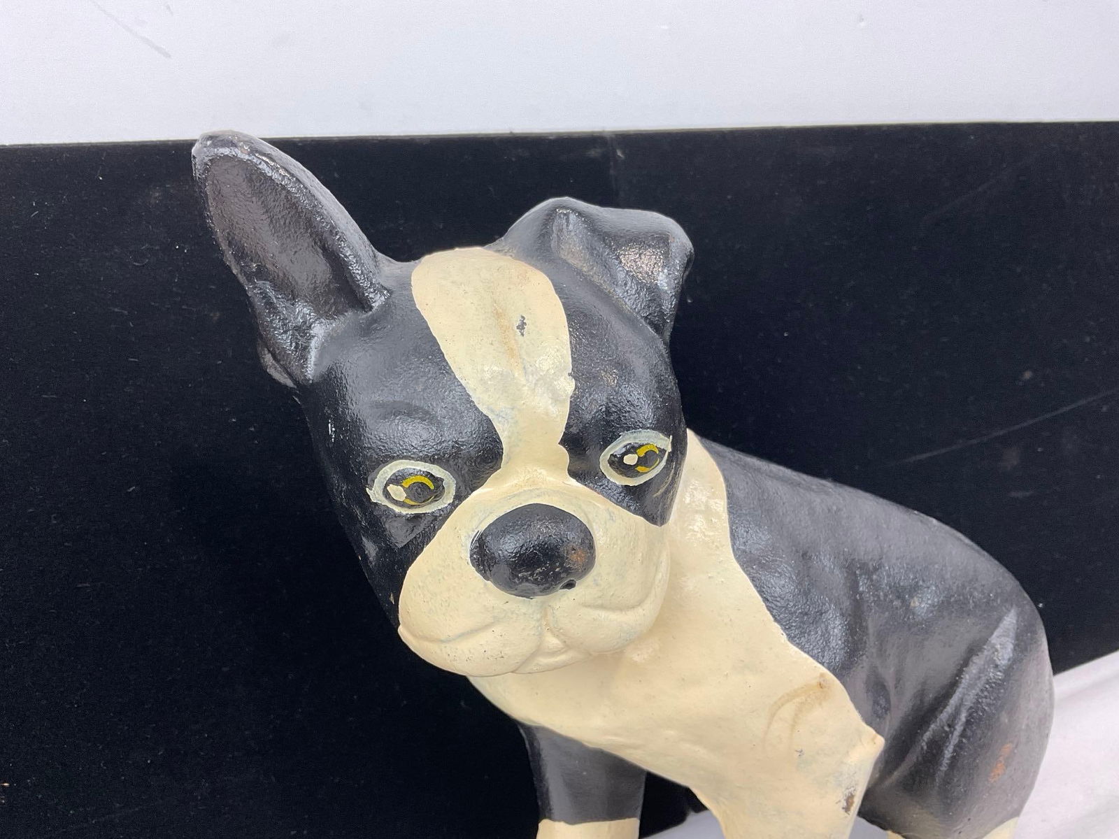 Vintage Cast Iron Boston Terrier Dog Doorstop, Painted Black & White, 8h x 9w x 5d inches - 2