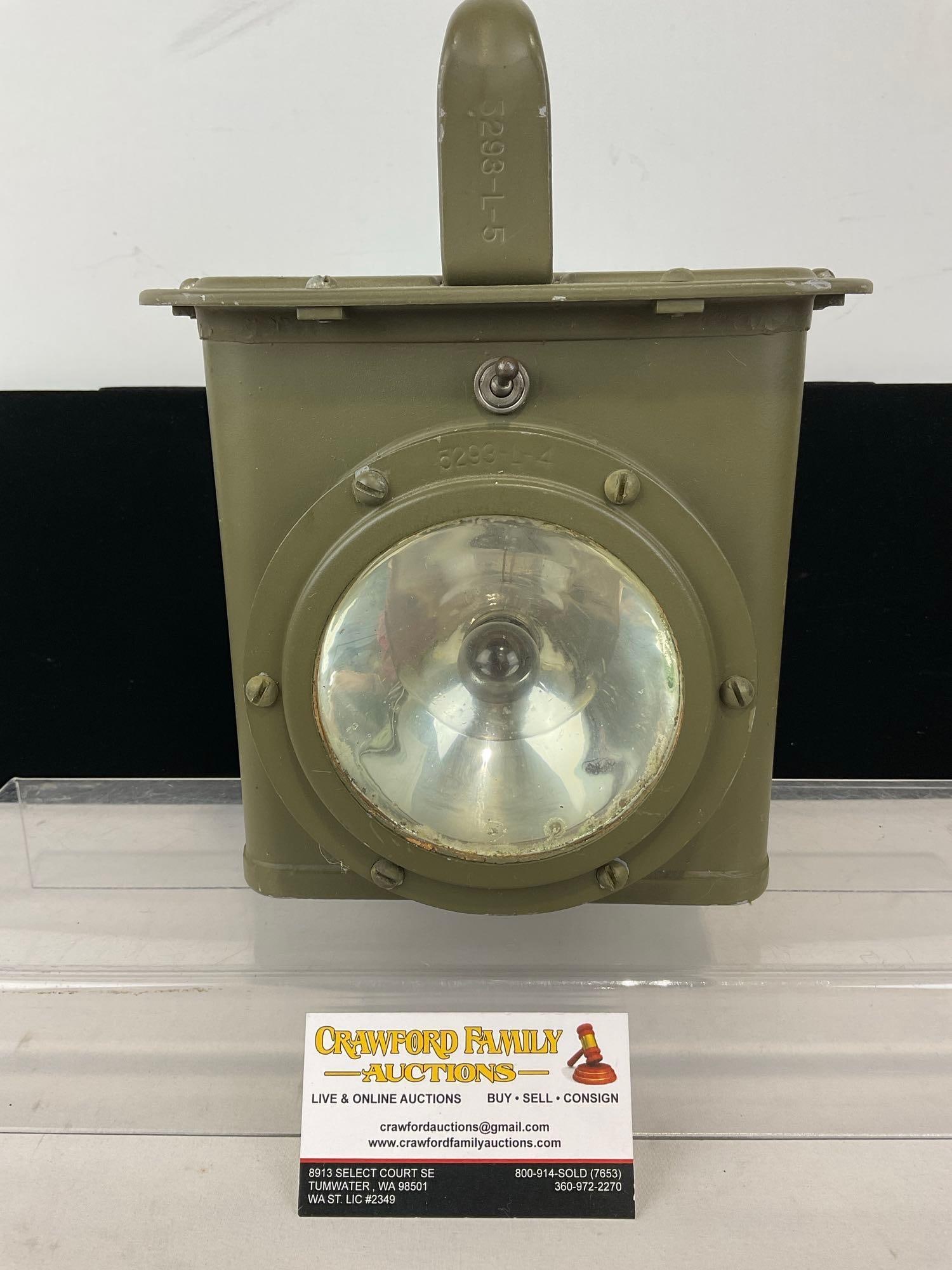 WW2 US Navy Battle Lantern, model 5293-L-5 Type J-I 11h x 9w x 6d inches: Appears to be in good shape for the age of the piece. The piece measures approx 11h x 9w x 6d inches. See pics. E-4880 