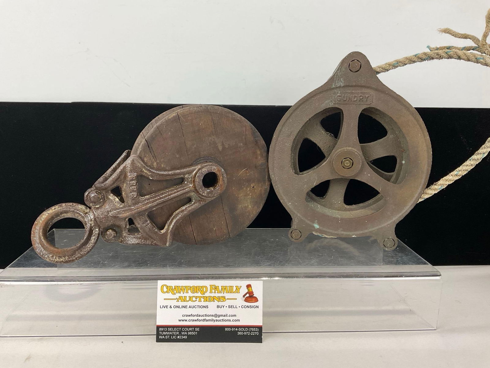 2 Antique Pulleys, Cast Iron & Wood Barn Pulley & Gundry Cast Metal Pulley, 10h x 6w x 7d inches (1 of 4)