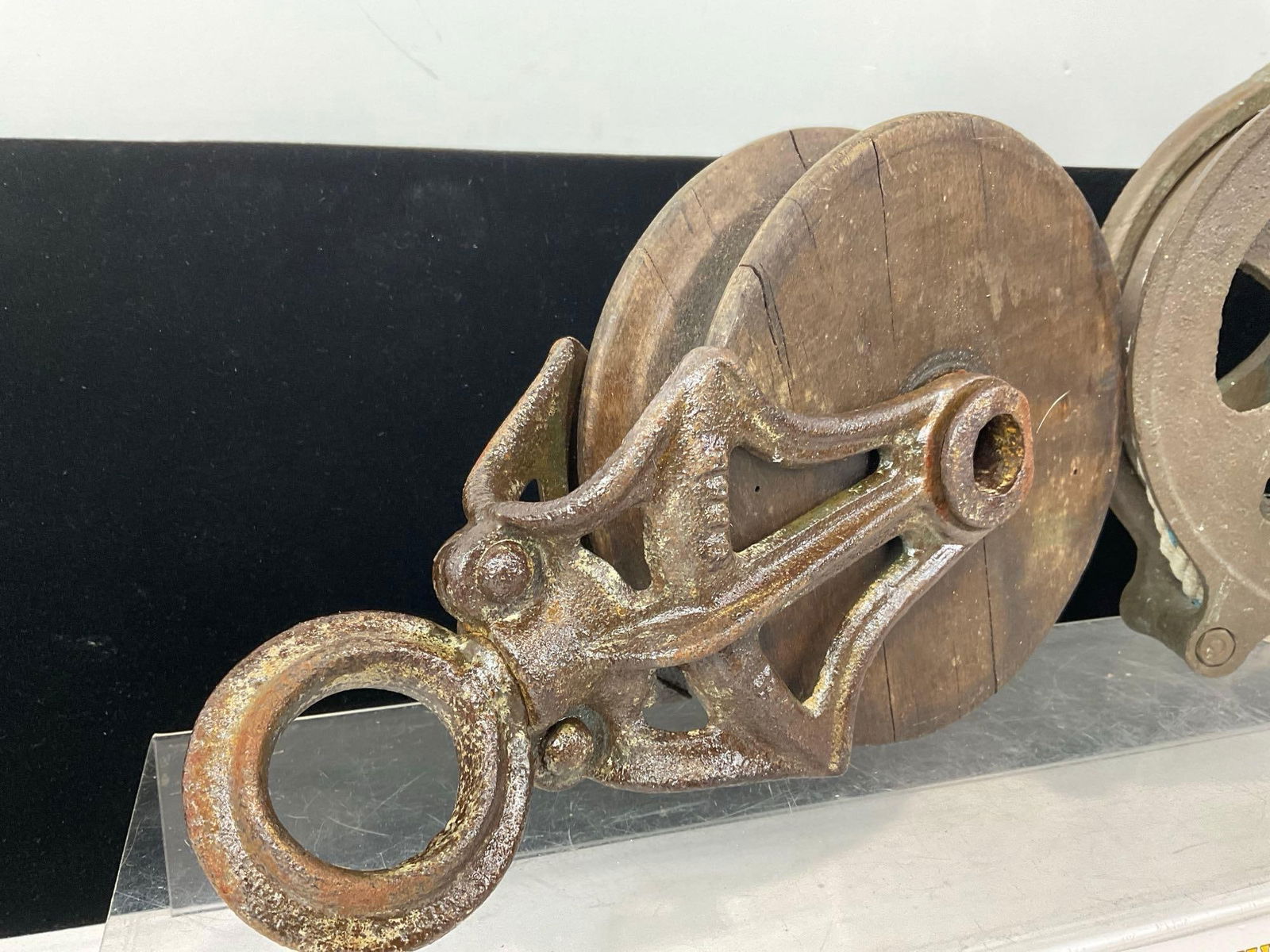 2 Antique Pulleys, Cast Iron & Wood Barn Pulley & Gundry Cast Metal Pulley, 10h x 6w x 7d inches - 2