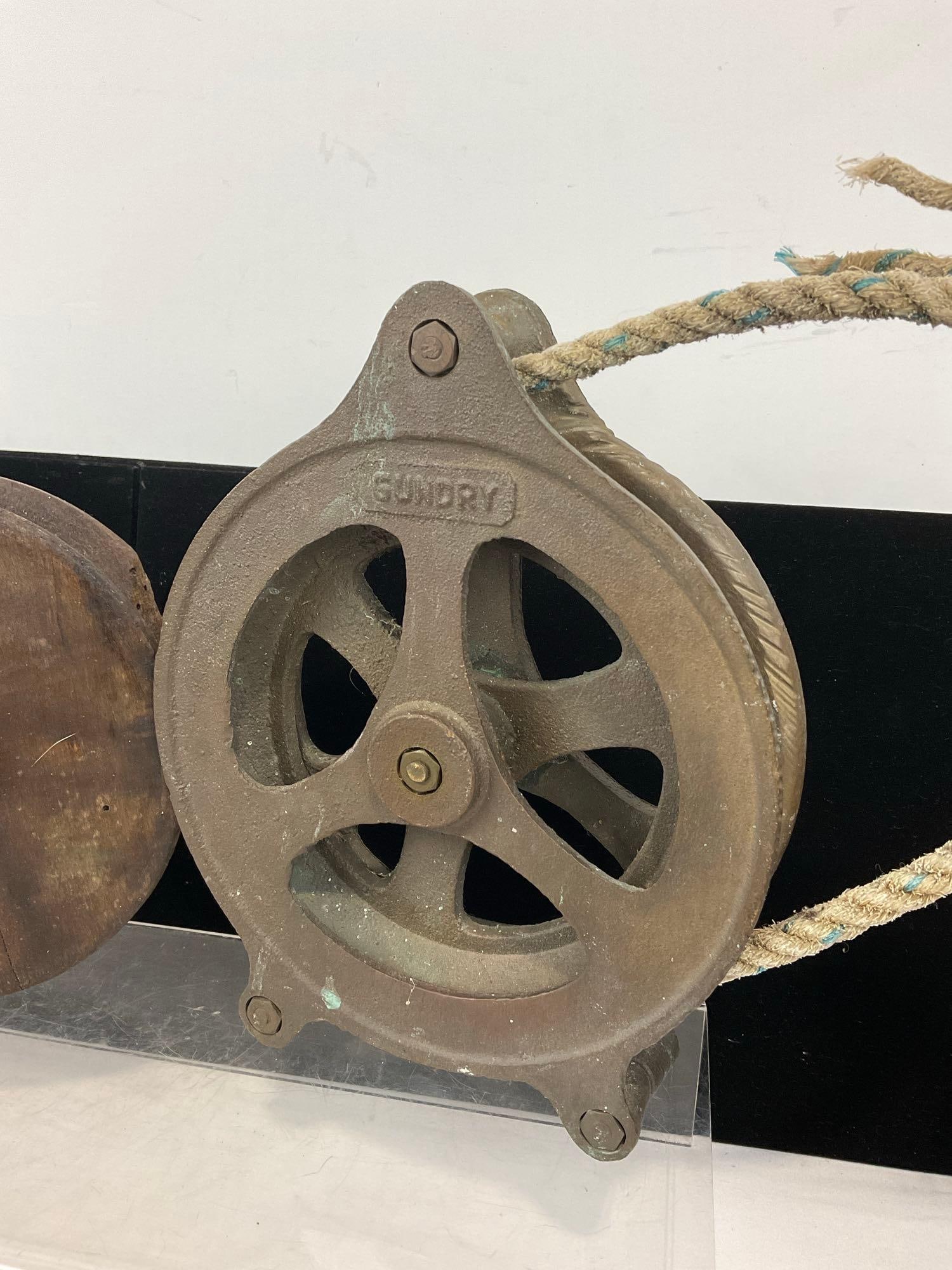 2 Antique Pulleys, Cast Iron & Wood Barn Pulley & Gundry Cast Metal Pulley, 10h x 6w x 7d inches - 3