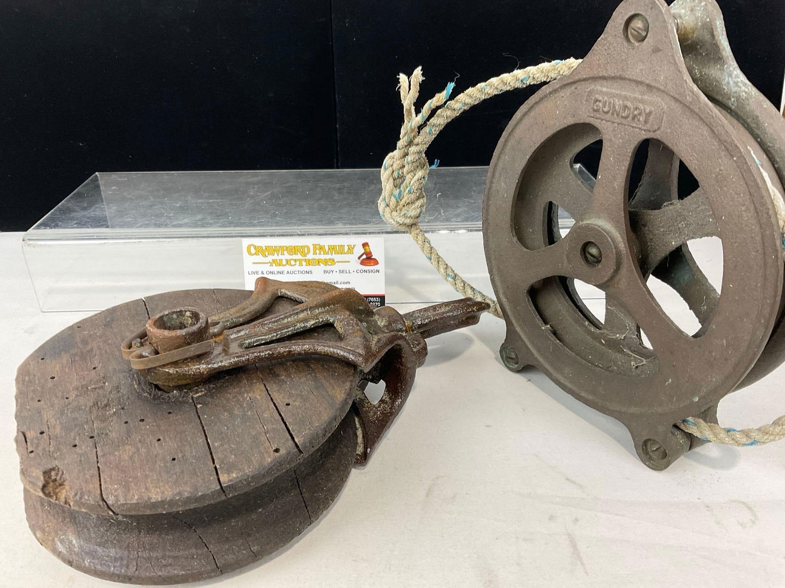 2 Antique Pulleys, Cast Iron & Wood Barn Pulley & Gundry Cast Metal Pulley, 10h x 6w x 7d inches - 4