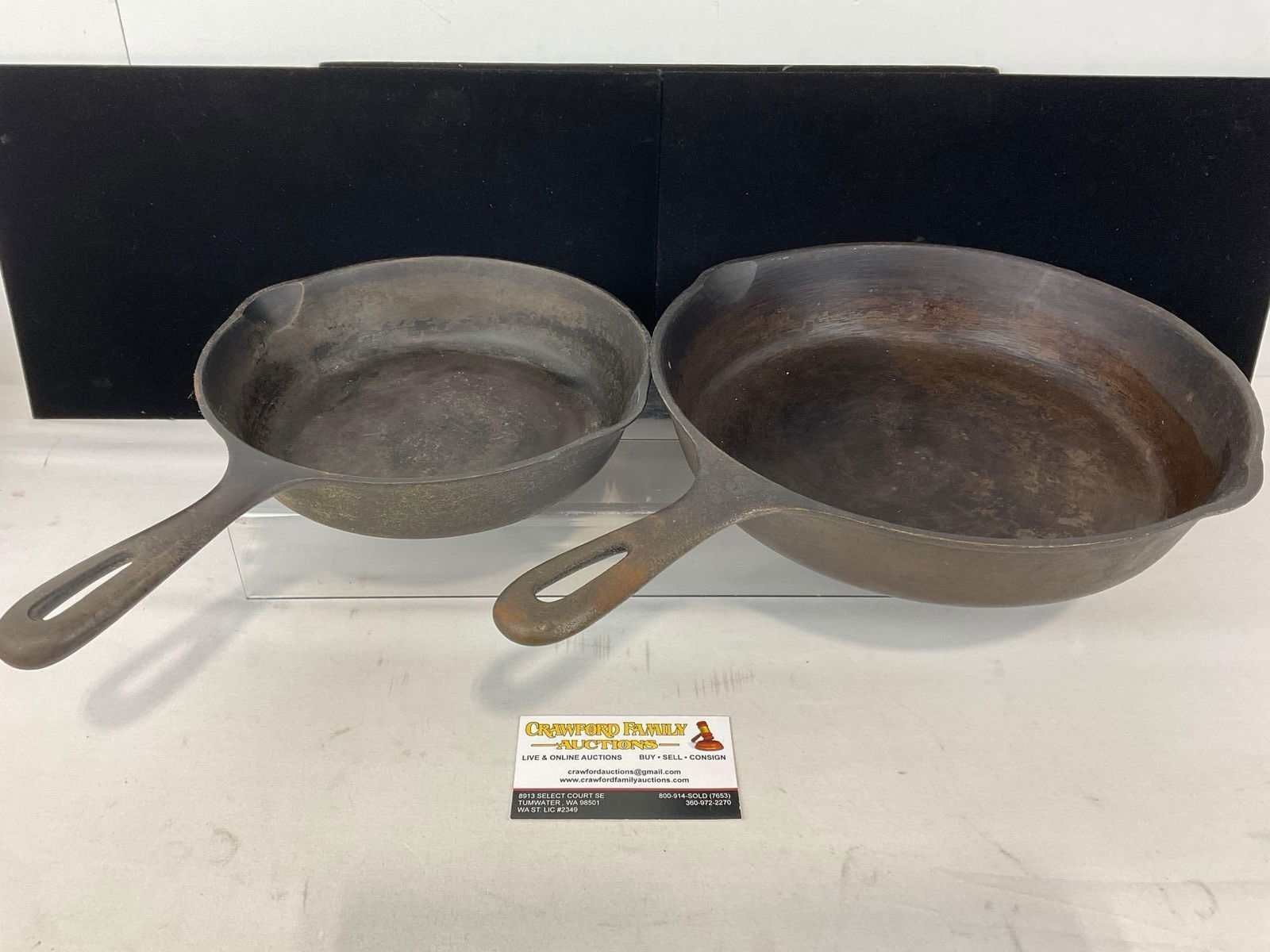 Pair of Unmarked 8 & 10 1/2 inch Cast Iron Skillets, 4h x 16w x 12d inches (1 of 4)
