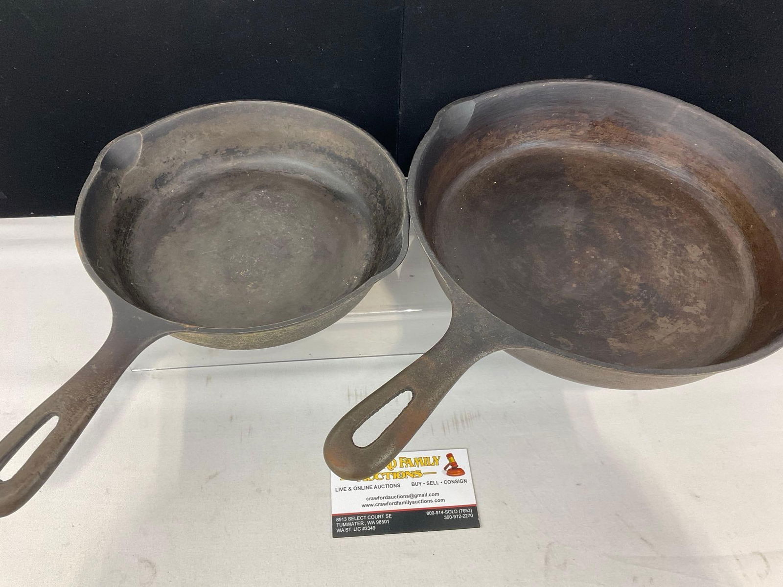 Pair of Unmarked 8 & 10 1/2 inch Cast Iron Skillets, 4h x 16w x 12d inches - 2