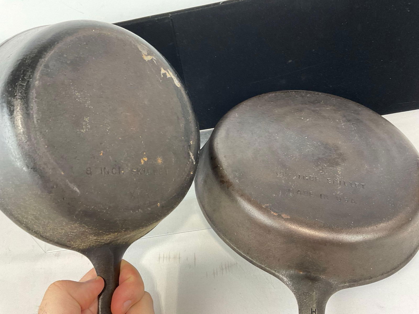 Pair of Unmarked 8 & 10 1/2 inch Cast Iron Skillets, 4h x 16w x 12d inches - 3