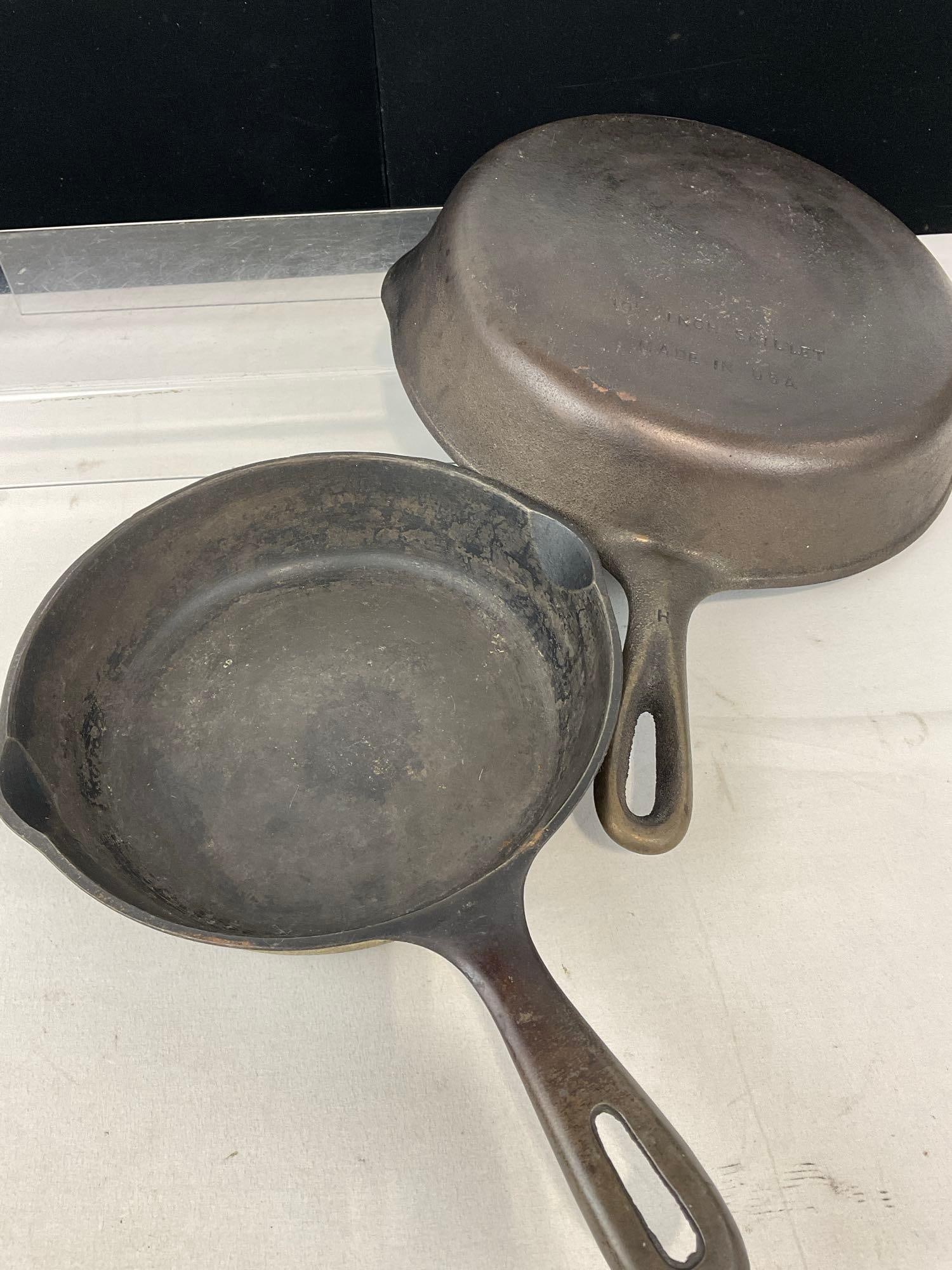 Pair of Unmarked 8 & 10 1/2 inch Cast Iron Skillets, 4h x 16w x 12d inches - 4