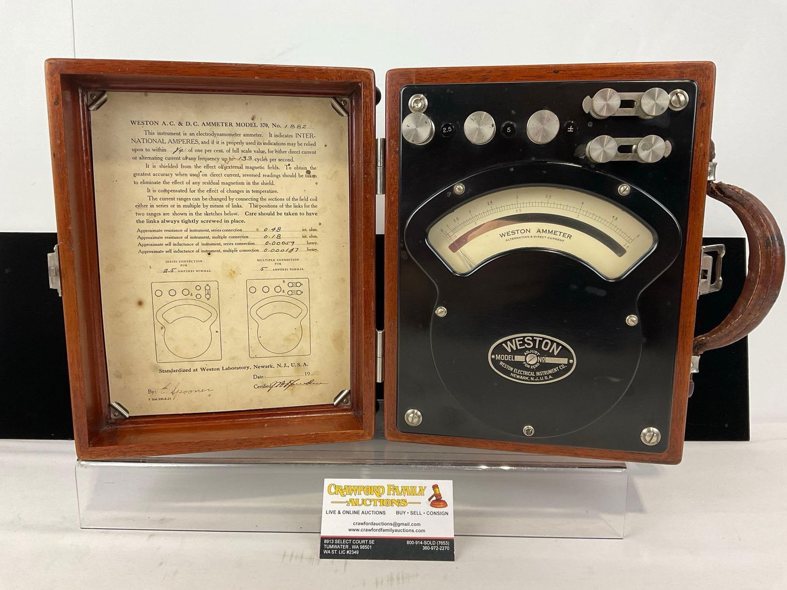 Vintage 1950s Weston Model 370 no 1882 AC-DC Ammeter, 7h x 11w x 10d inches, in wooden case (1 of 7)