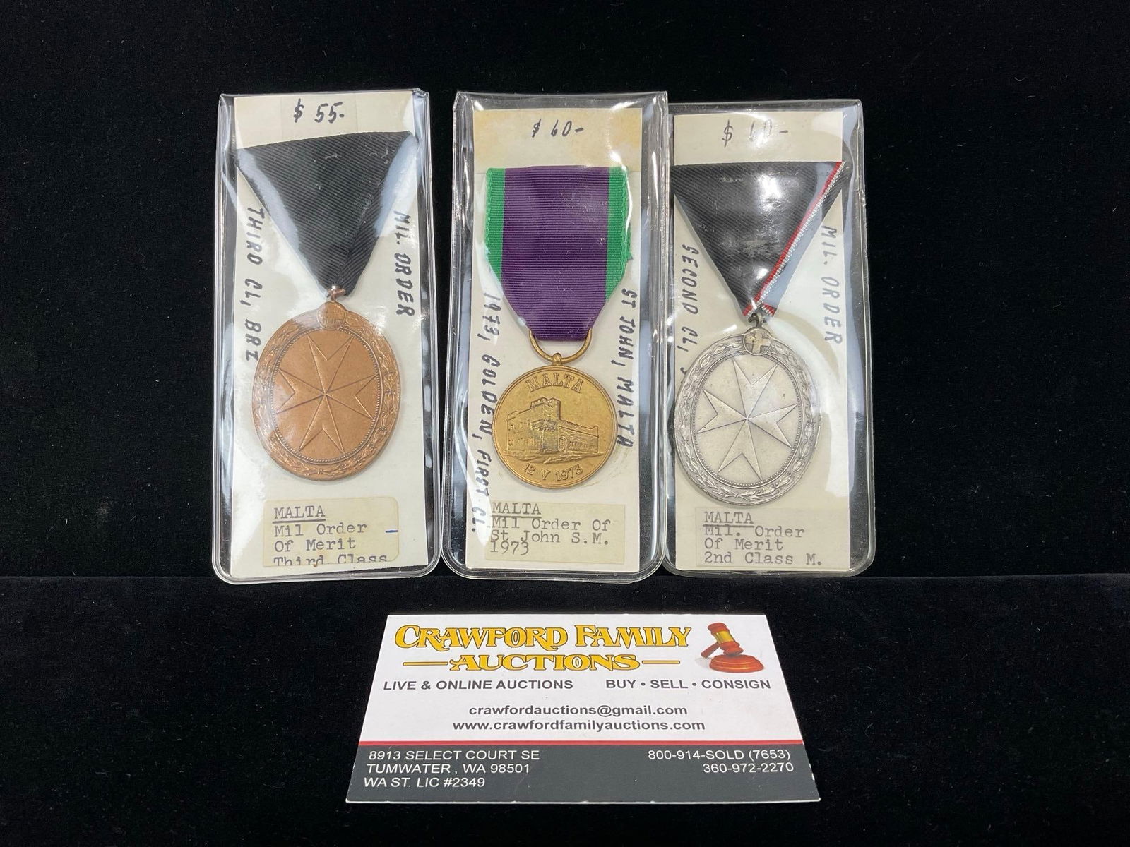 3 Maltese Medals, 2x Mil. Order of Merit 2nd & 3rd Class, Mil Order of St. John 1973 Service Medal: All from a single collection, these are briefly described on the tag and were kept in a display. They measure approx 6h x 3w x 2d inches. See pics. E-5300 