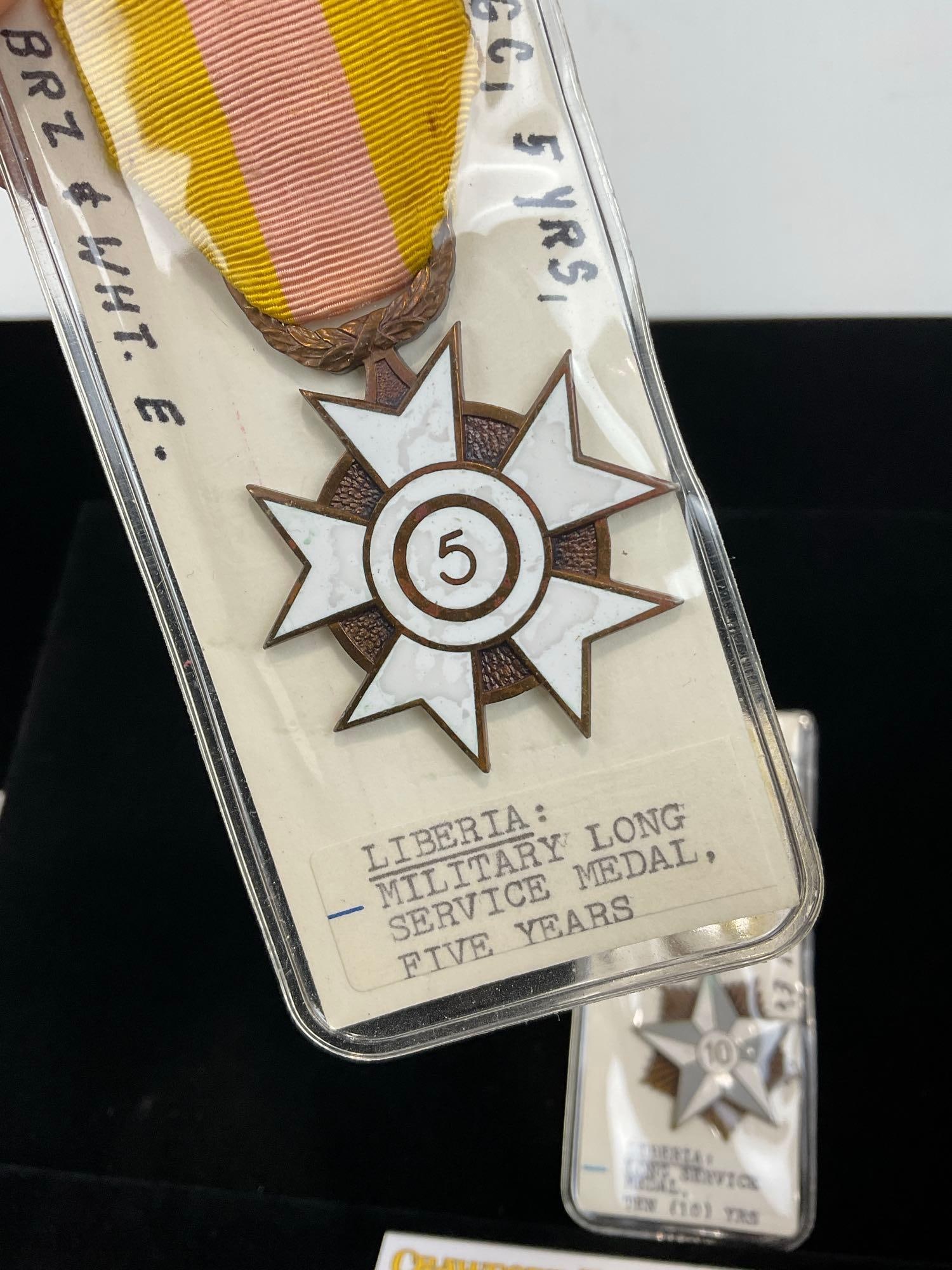 Pair of Liberian Medals, Military Long Service Medals, Five & Ten Years, White Enamel & Bronze - 2