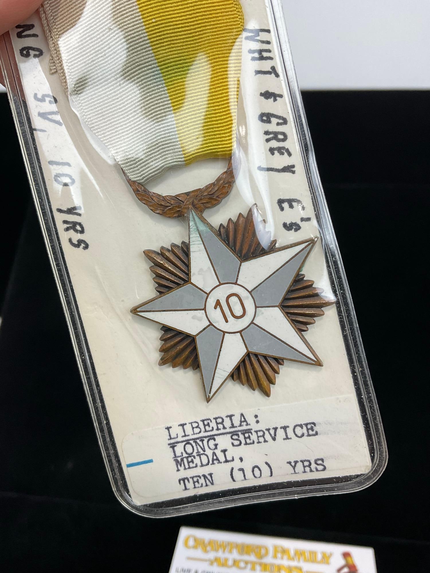 Pair of Liberian Medals, Military Long Service Medals, Five & Ten Years, White Enamel & Bronze - 3