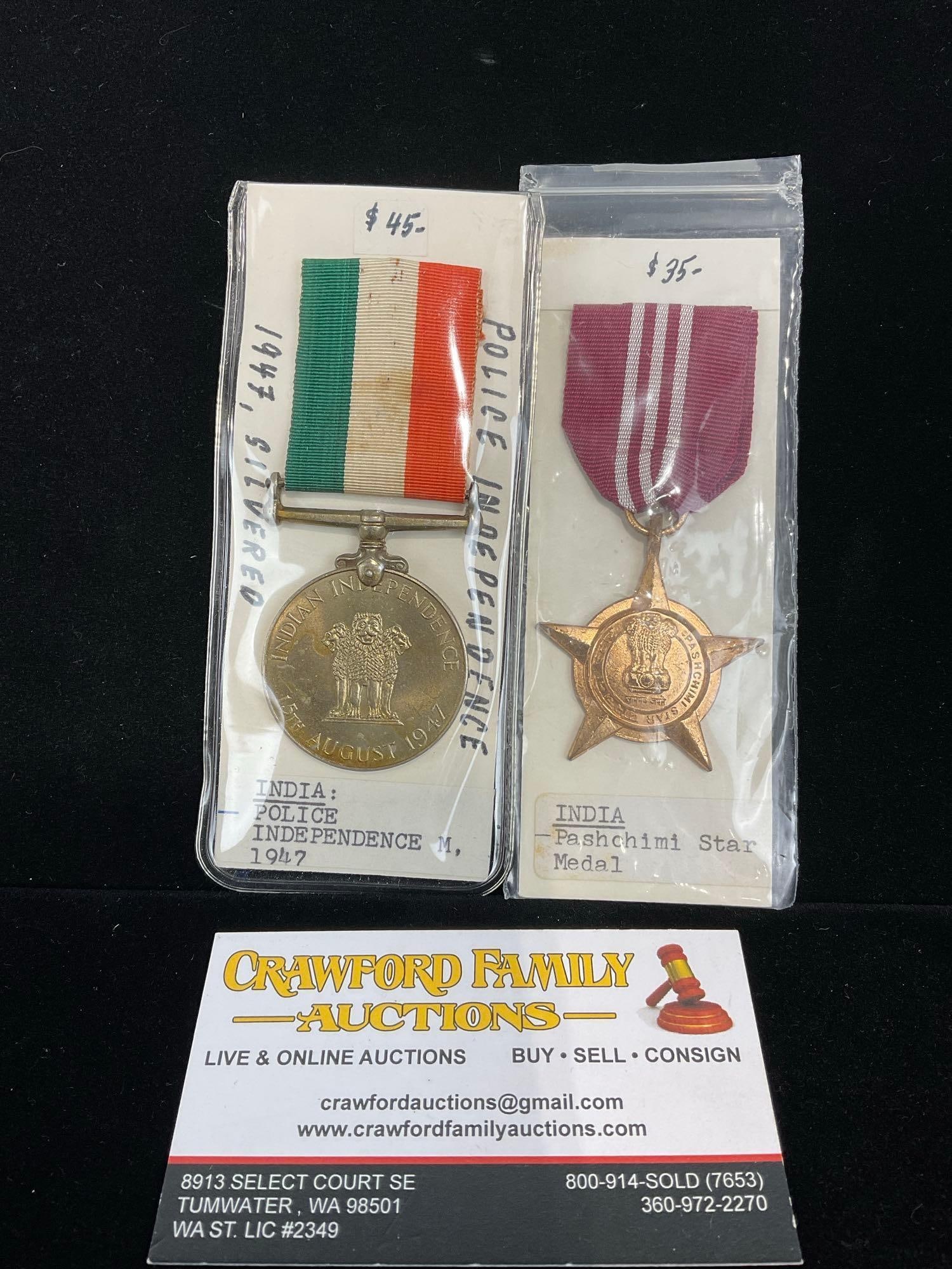 Pair of Vintage Indian Medals, Police Independence Medal 1947 & Pashchimi Star Medal (1 of 3)