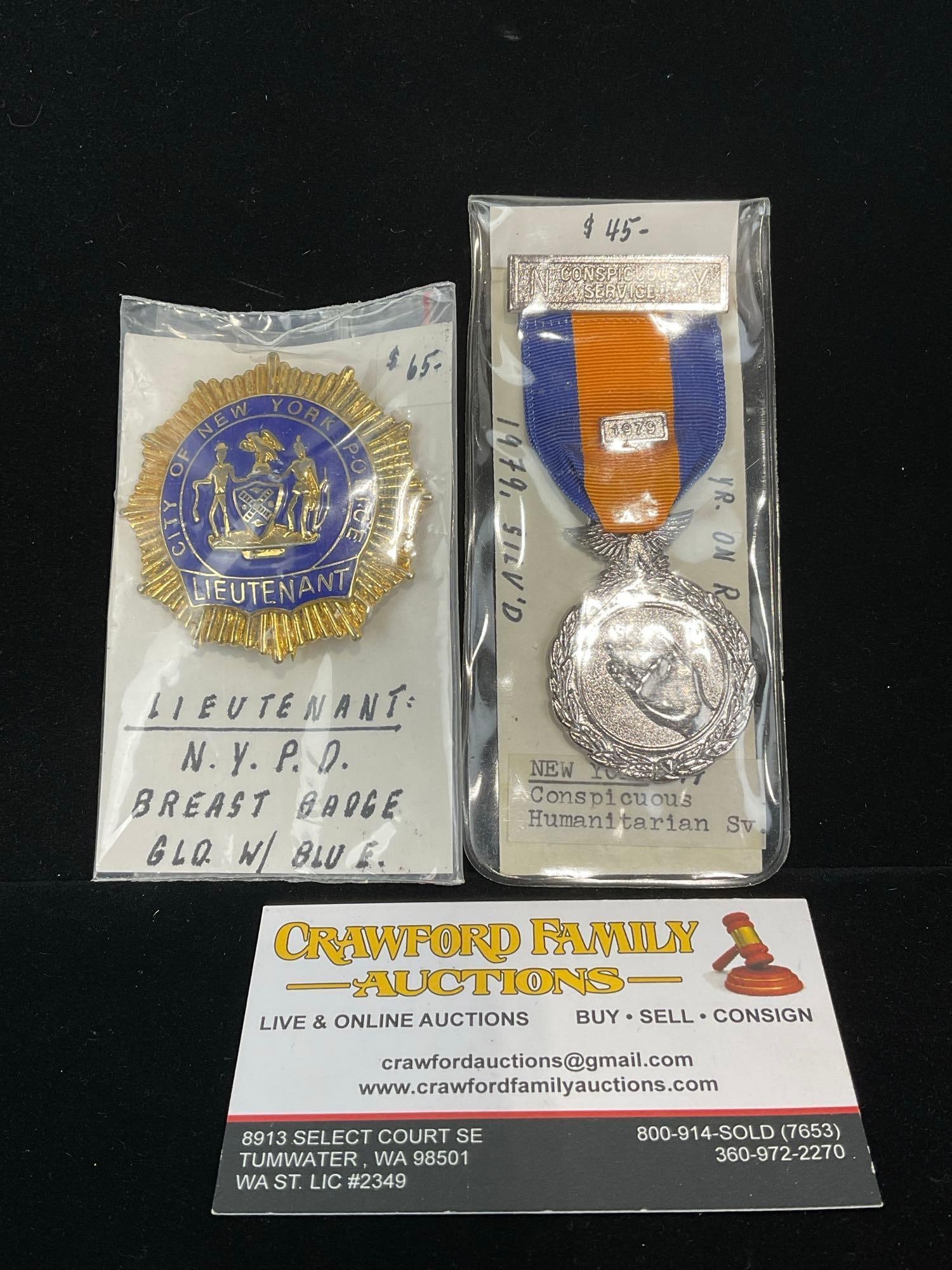 NYPD Breast Badge Lieutenant Gilt w/ Blue Enamel & NY Conspicuous Humanitarian Service Medal 1979 (1 of 3)