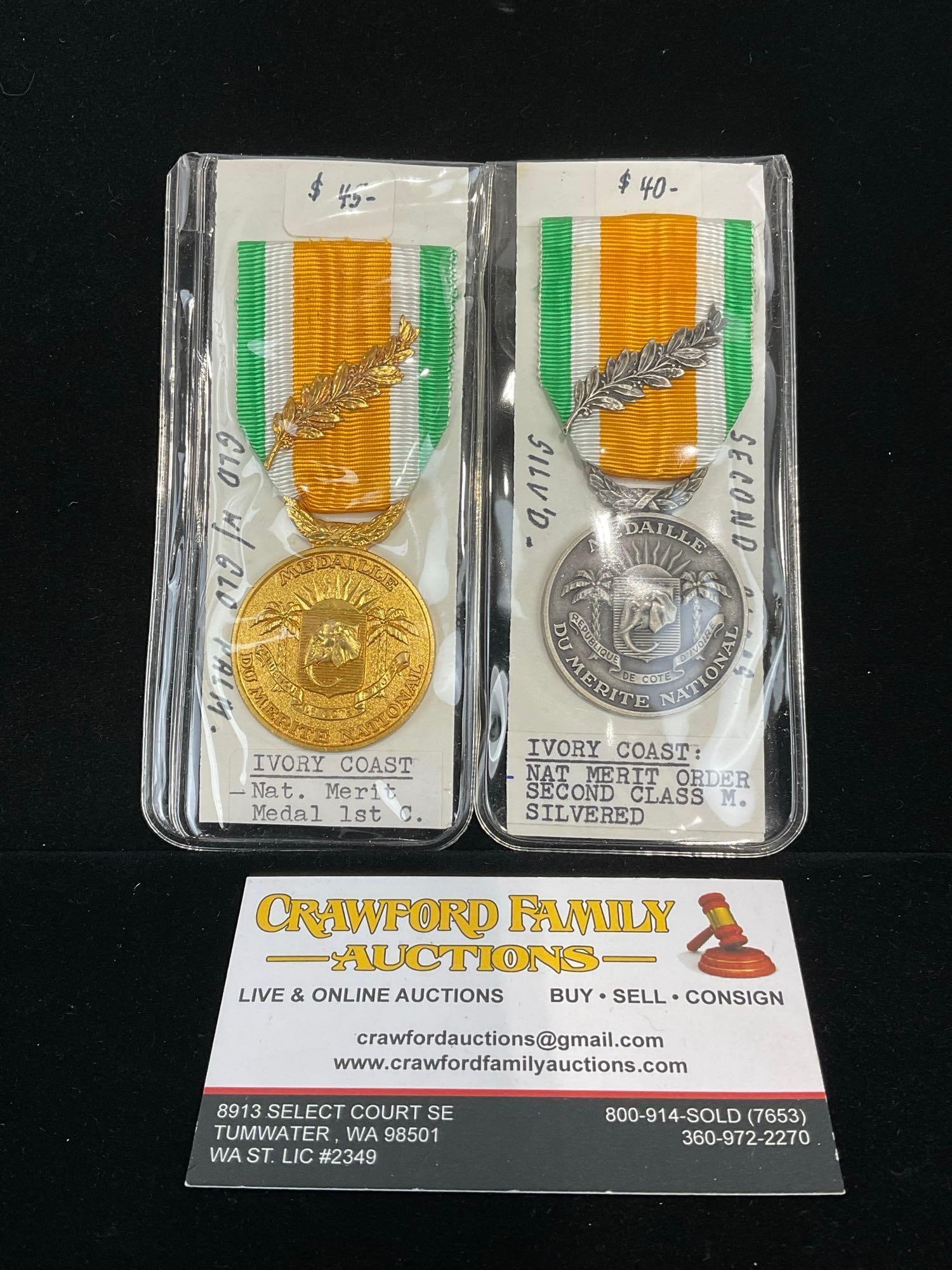 Pair of Ivory Coast (Cote D Ivoire) Medals, National Merit Order 1st & 2nd Class, w/ Palm Pins (1 of 3)
