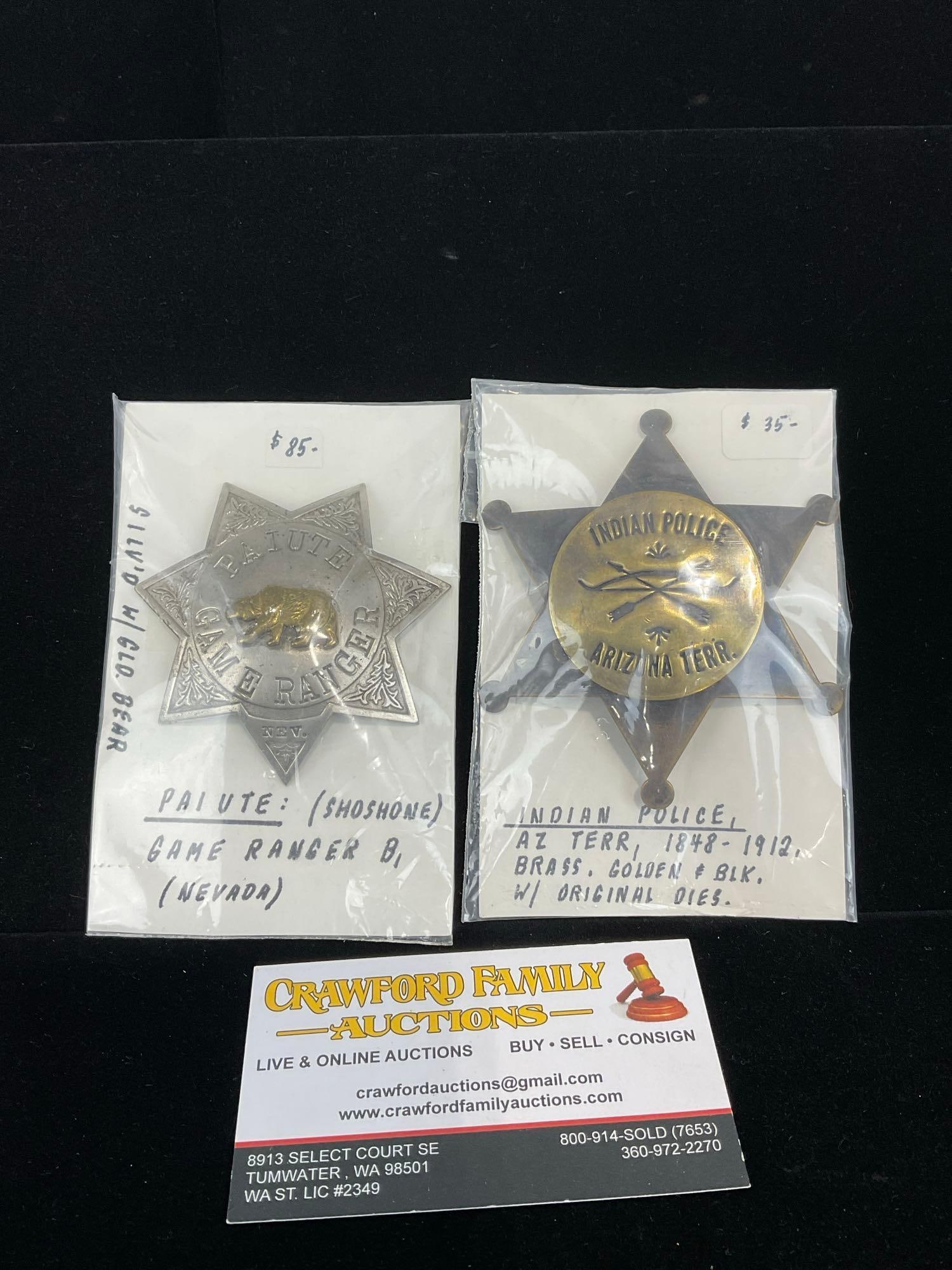 Pair of Star Badges, Paiute Shoshone Game Ranger, Nevada & Indian Police AZ Terr. 1848-1912 (1 of 3)