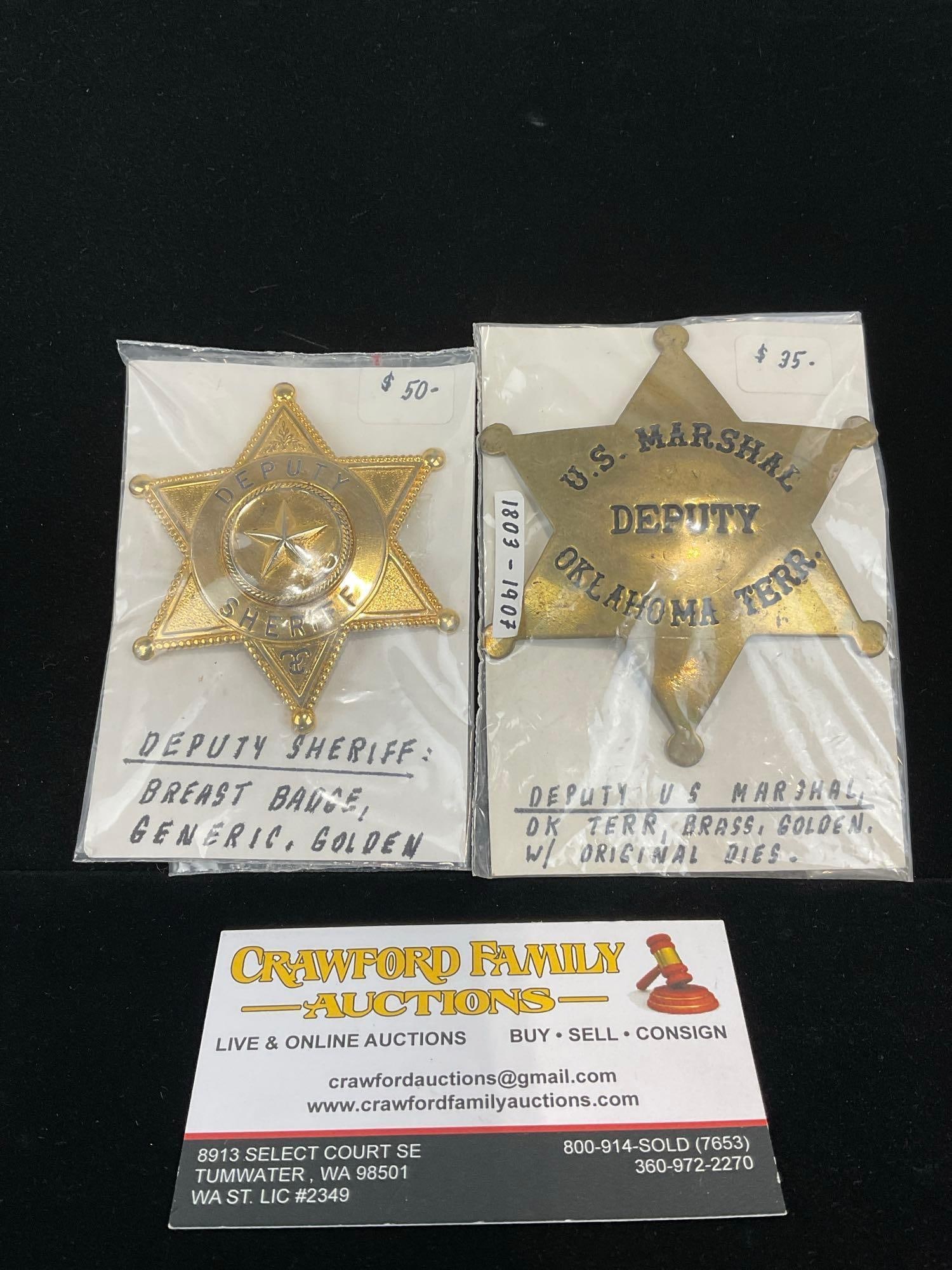 2 Police Deputy Star Badges, Deputy Sheriff Breast Badge & US Marshal OK Terr. approx 1803-1907 (1 of 3)
