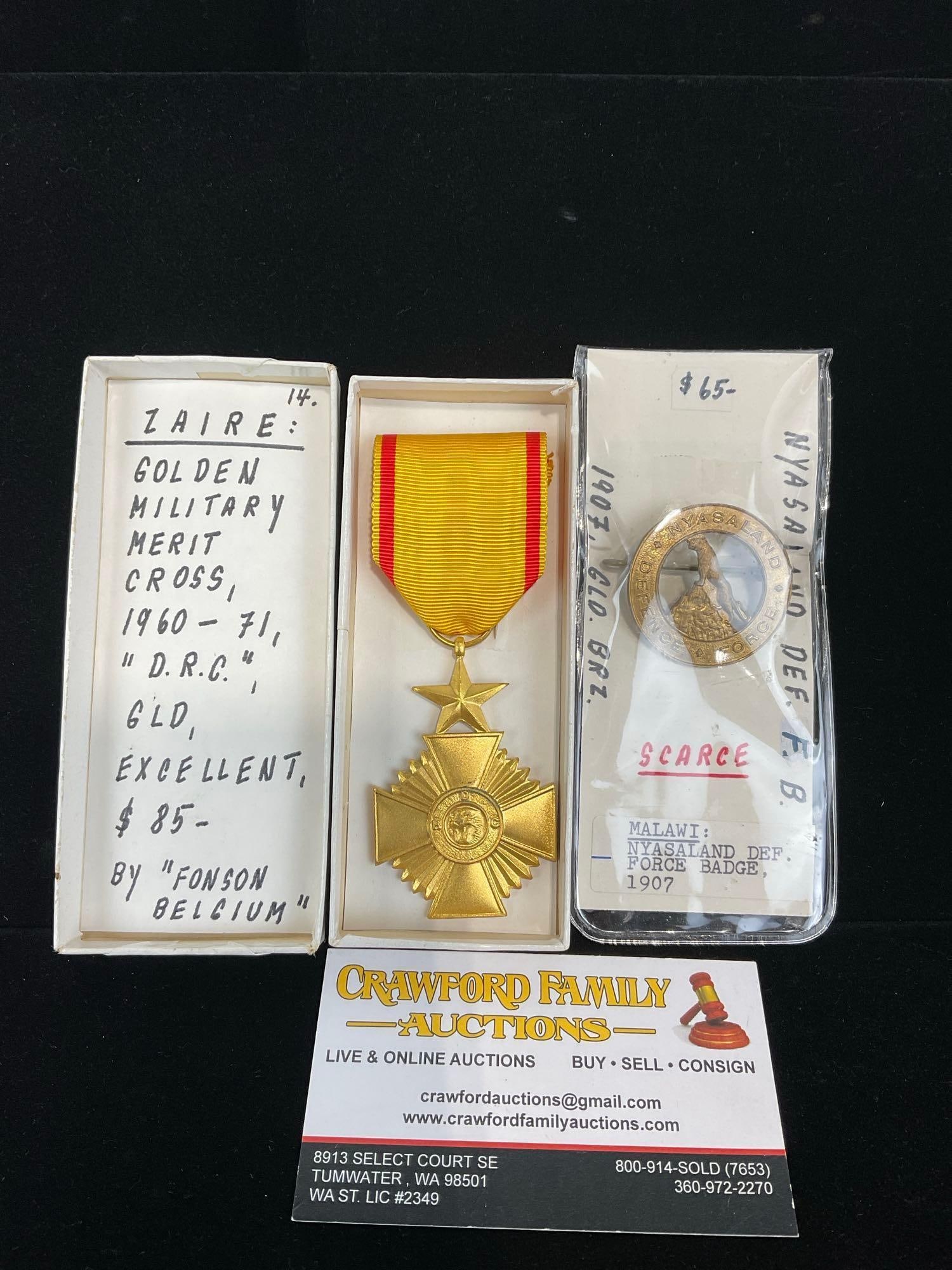 Pair of African Medals, 1960-71 (DRC) Zaire Mil. Merit Cross & 1907 Malawi Nyasaland Def Force Ba...: All from a single collection, these are briefly described on the tag and were kept in a display. They measure approx 6h x 3w x 2d inches. See pics. E-5300 