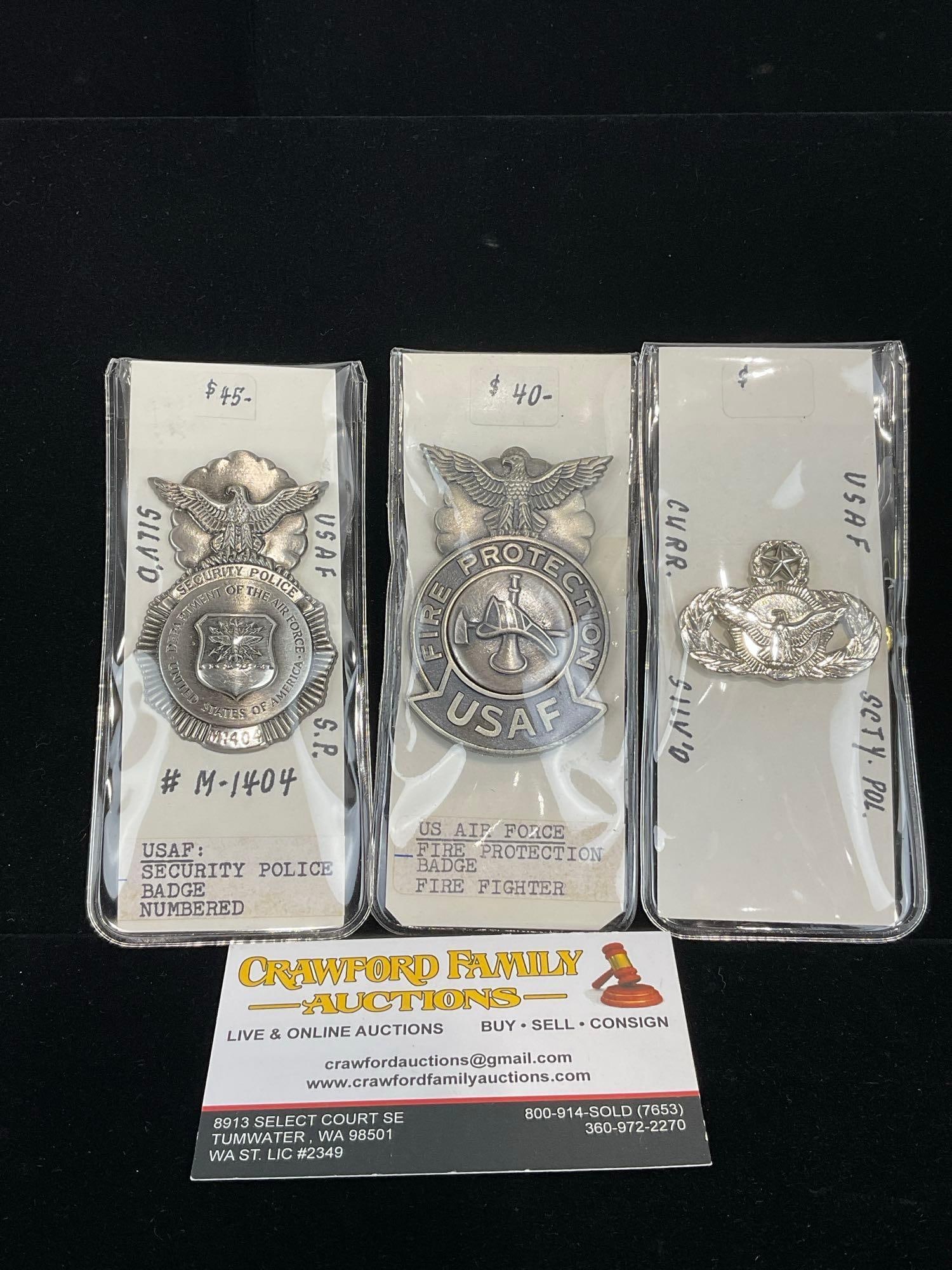 United States Air Force Security Police Badge & Pin + Fire Protection Fire Fighter Badge (1 of 4)