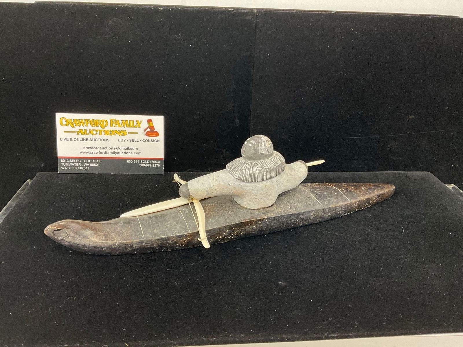 Native American Alaskan Carved Stone Inuit Canoe, Glenn Tingook, 4h x 11w x 4d in (1 of 5)