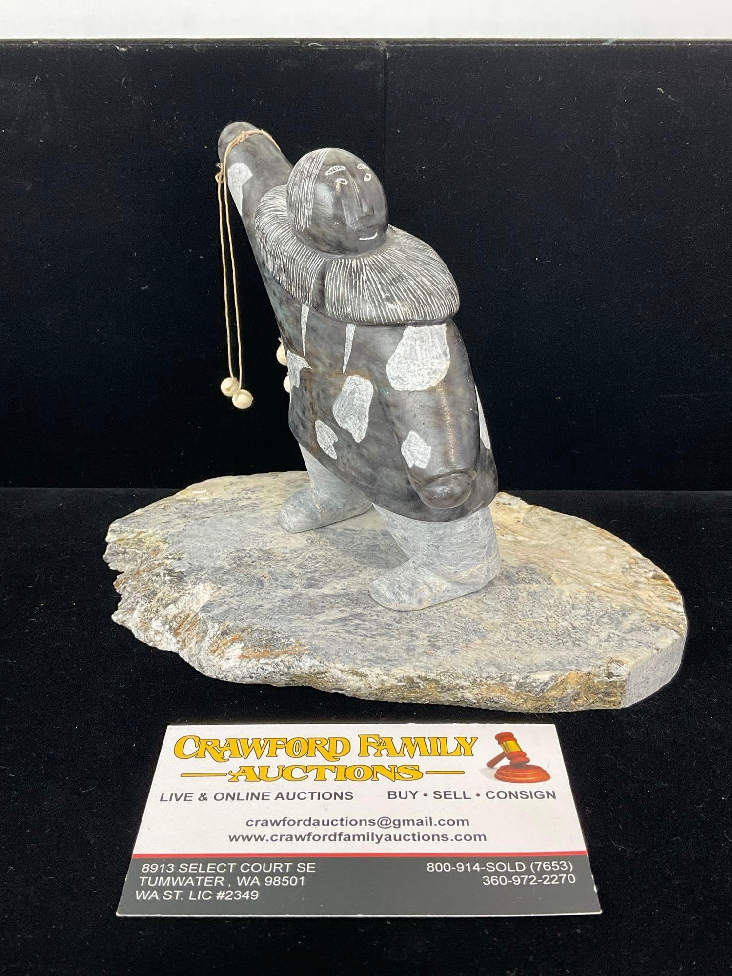 Native American Handcarved Stone Statue, Fisherman, by Alaskan Inuit Native Glenn Tingook (1 of 6)