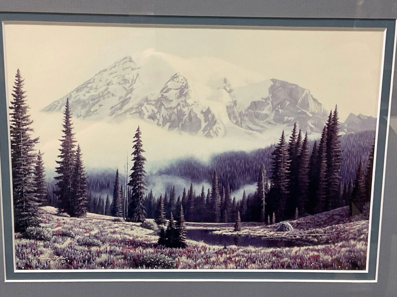Framed Litho Misty Mountain Scene by Doug Miller, 16h x 18w inches (1 of 5)