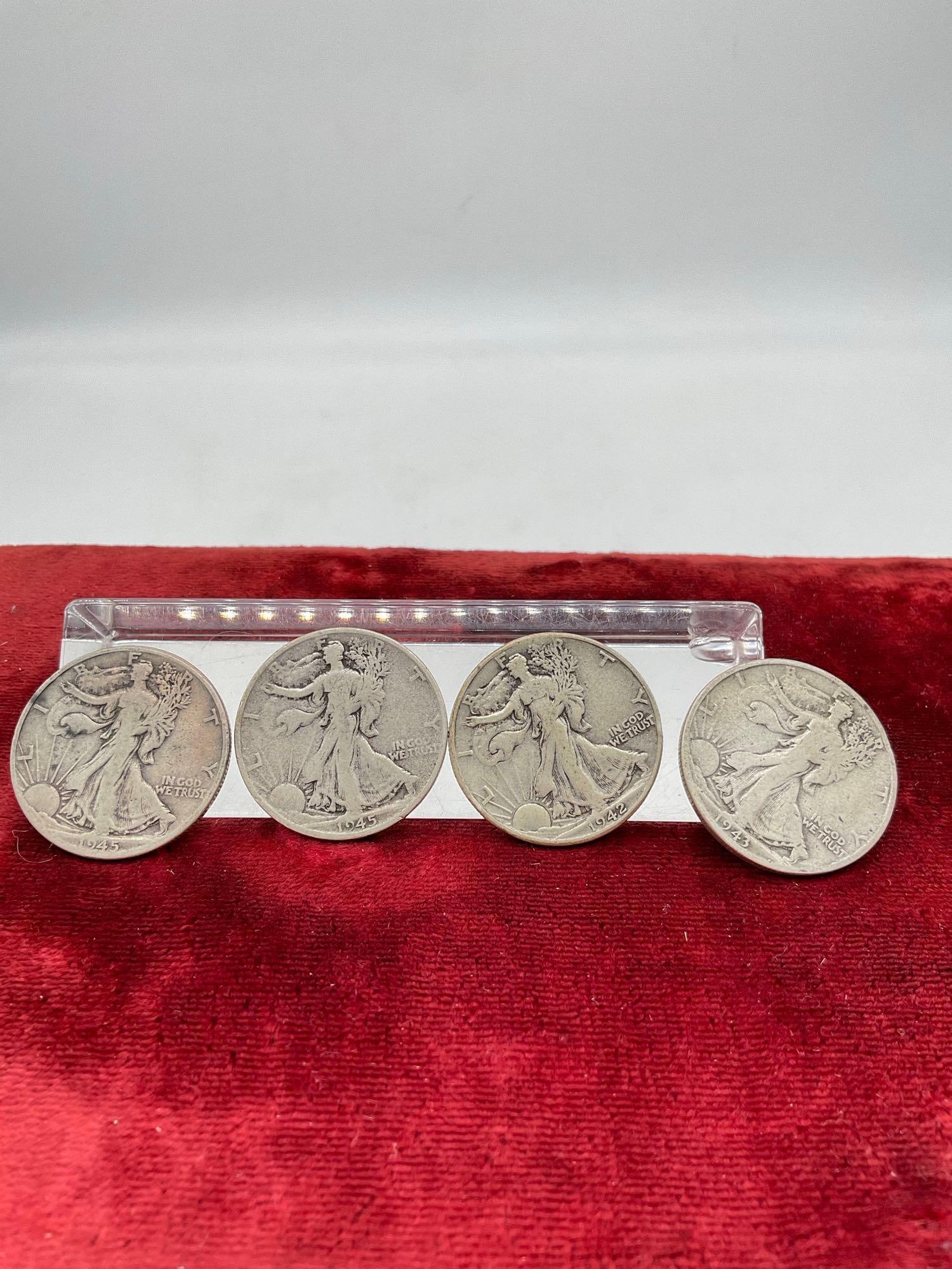 4 x Antique Silver walking liberty Half Dollar coins 1942, 1943-S, 1945-D & S (1 of 4)