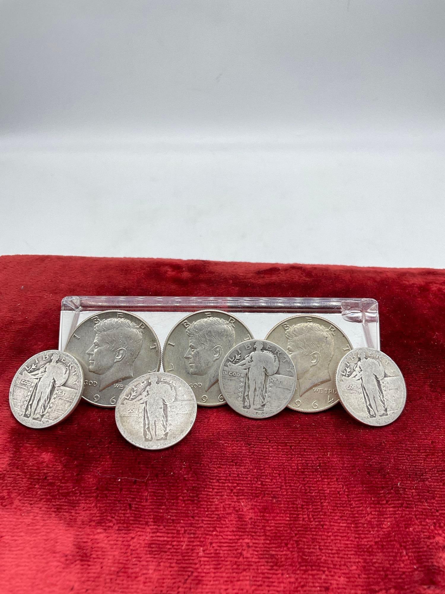 3x 1964 Silver Kennedy Half Dollars & 4 x Silver Standing Liberty Quarter 3 with worn off dates (1 of 4)