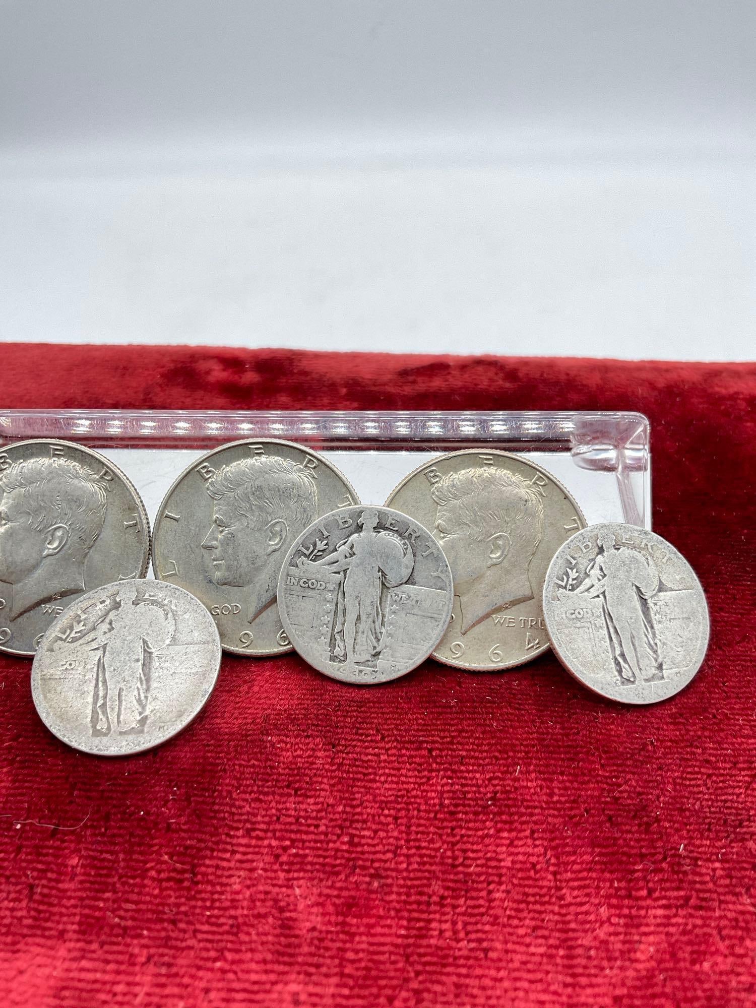 3x 1964 Silver Kennedy Half Dollars & 4 x Silver Standing Liberty Quarter 3 with worn off dates - 3
