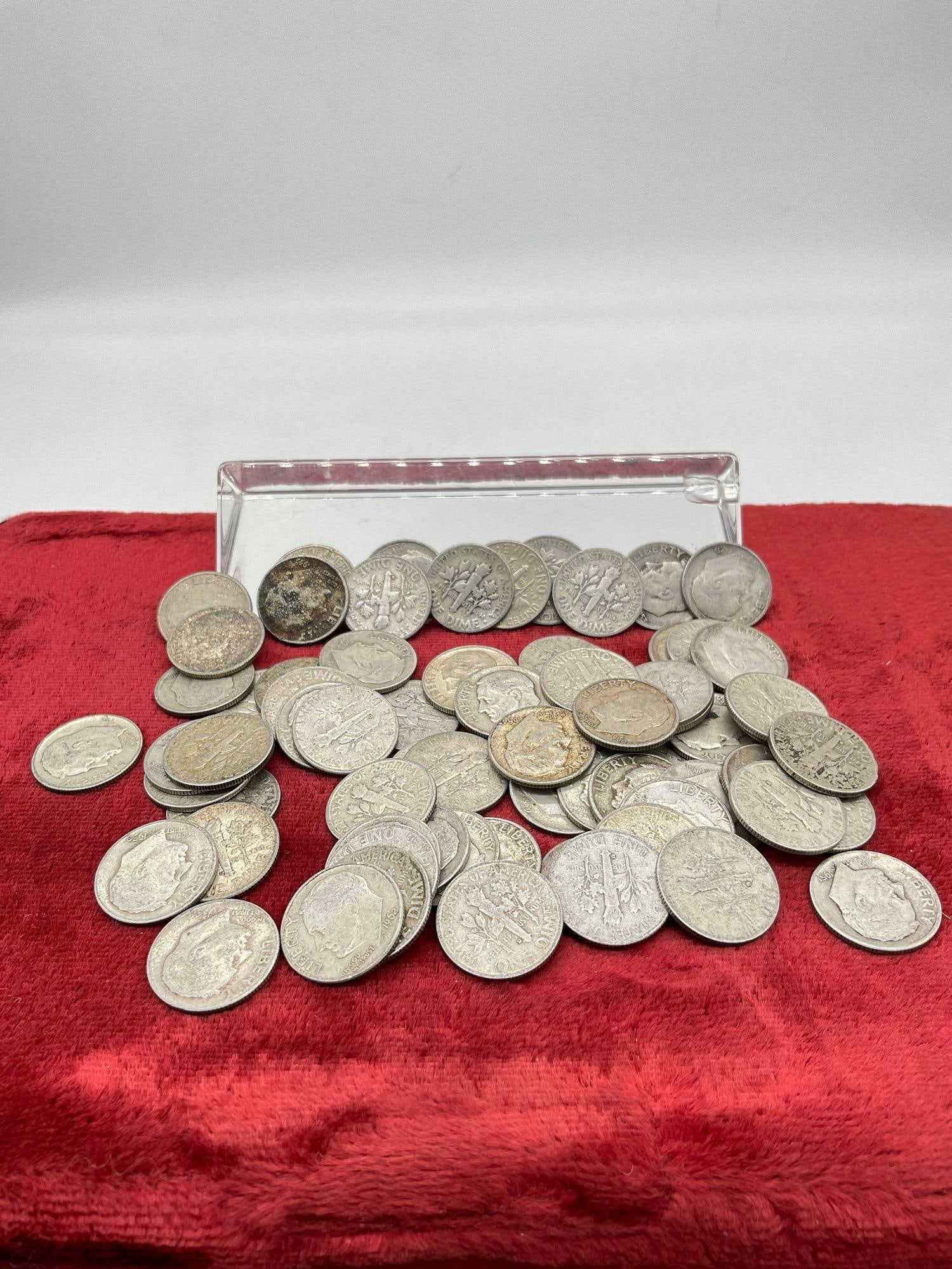 collection of 70 x Silver Roosevelt Dimes mixed dates & mint marks (1 of 5)