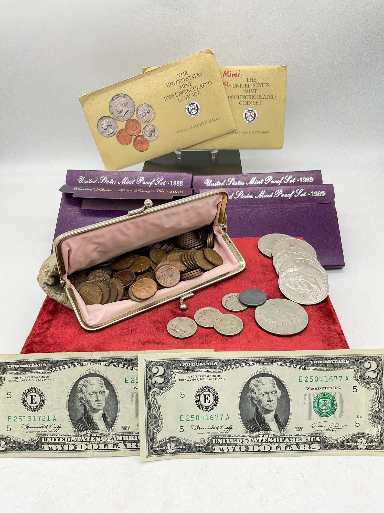 US coins & currency 2 x 1976 $2 bills, 7 x Eisenhower 1$, 5 x Buffalo nickels, Proof sets, Pennies (1 of 6)