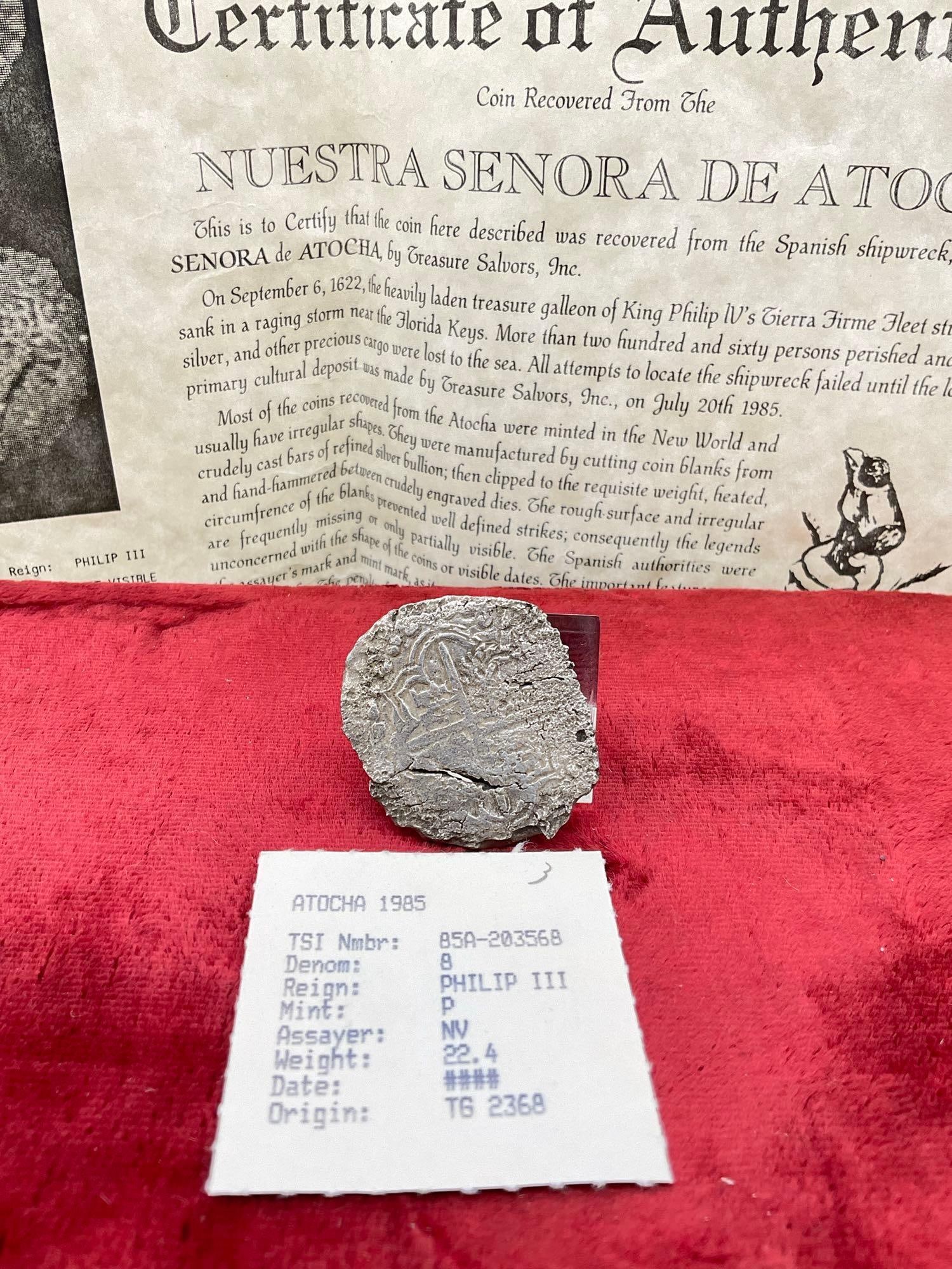 Antique Rare Solid Silver 8 Reales recovered form the1662 Nuestra Senora De Atocha Ship wreck W/COA (1 of 5)