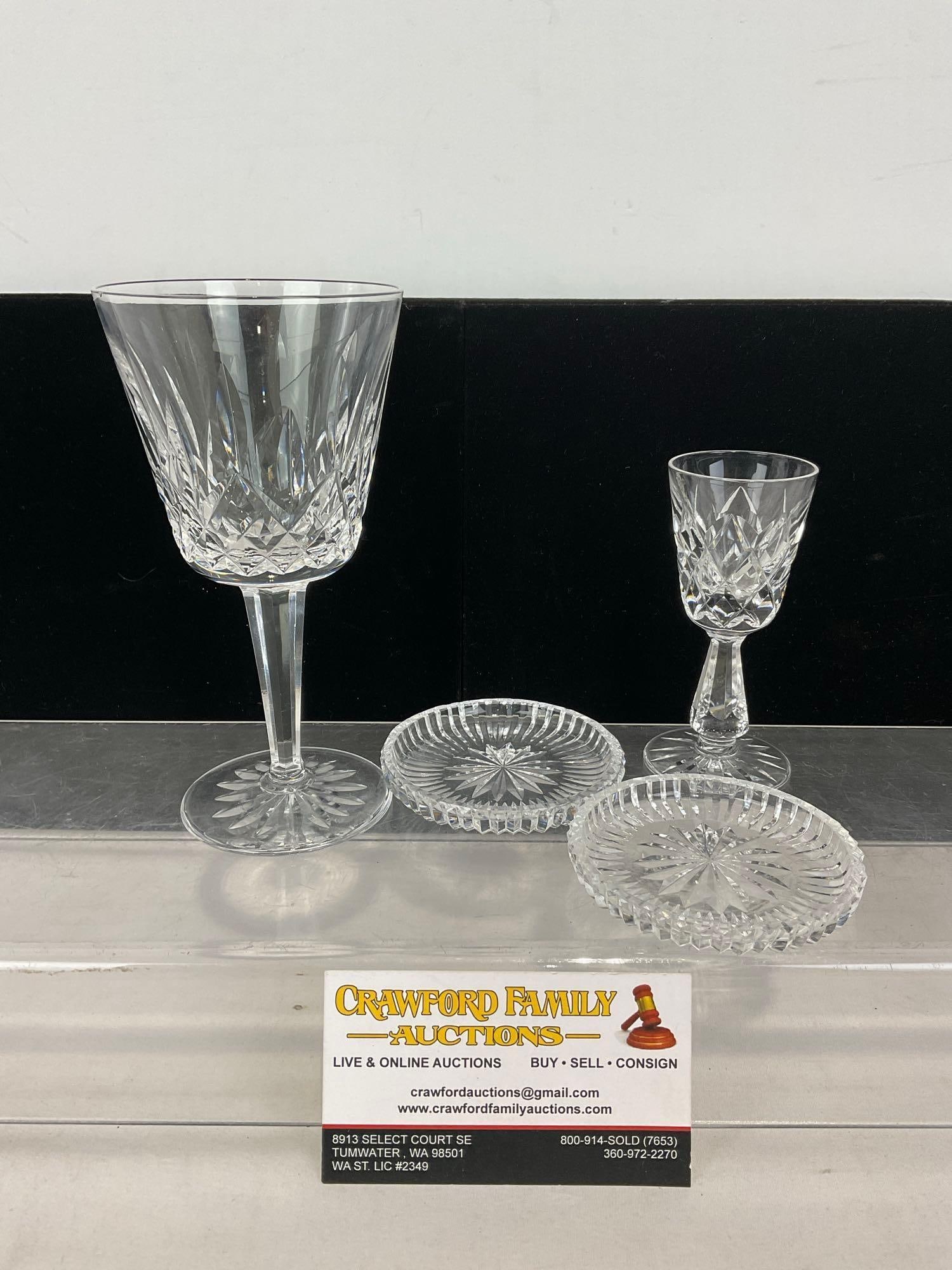 4 pieces of Waterford Crystal, Lismore Water Goblet, 2 Salt Wells & Kinsale Cordial Glass: Appears to be in good shape. The piece measures approx 6h x 7w x 5d inches. See pics. E-5380 