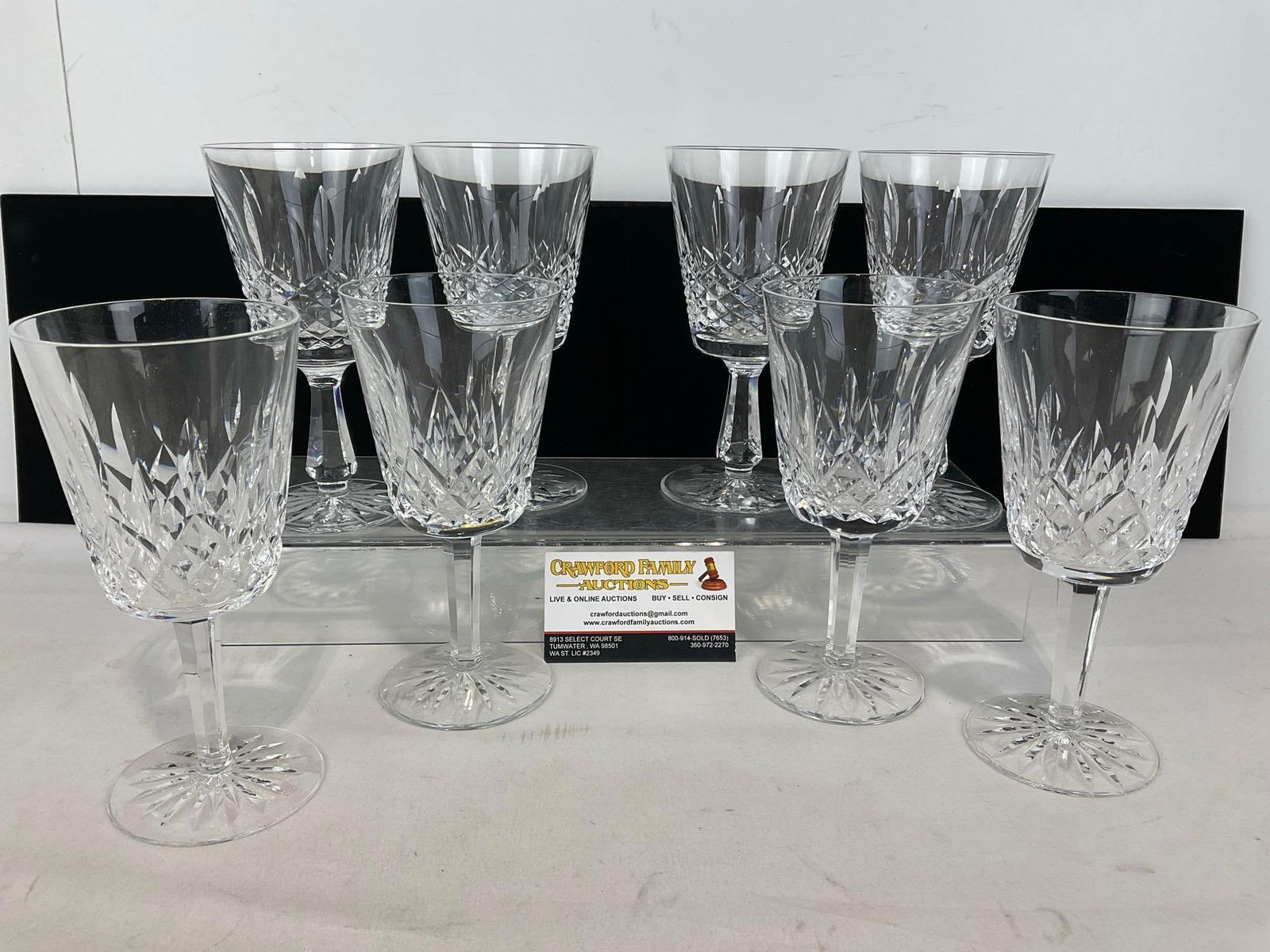Waterford Crystal Goblets, 4 Kenmare pattern & 4 Lismore pattern, 8 total, 7 inches tall Cut Glass: Appears to be in good shape. The piece measures approx 7h x 9w x 12d inches. See pics. E-5380