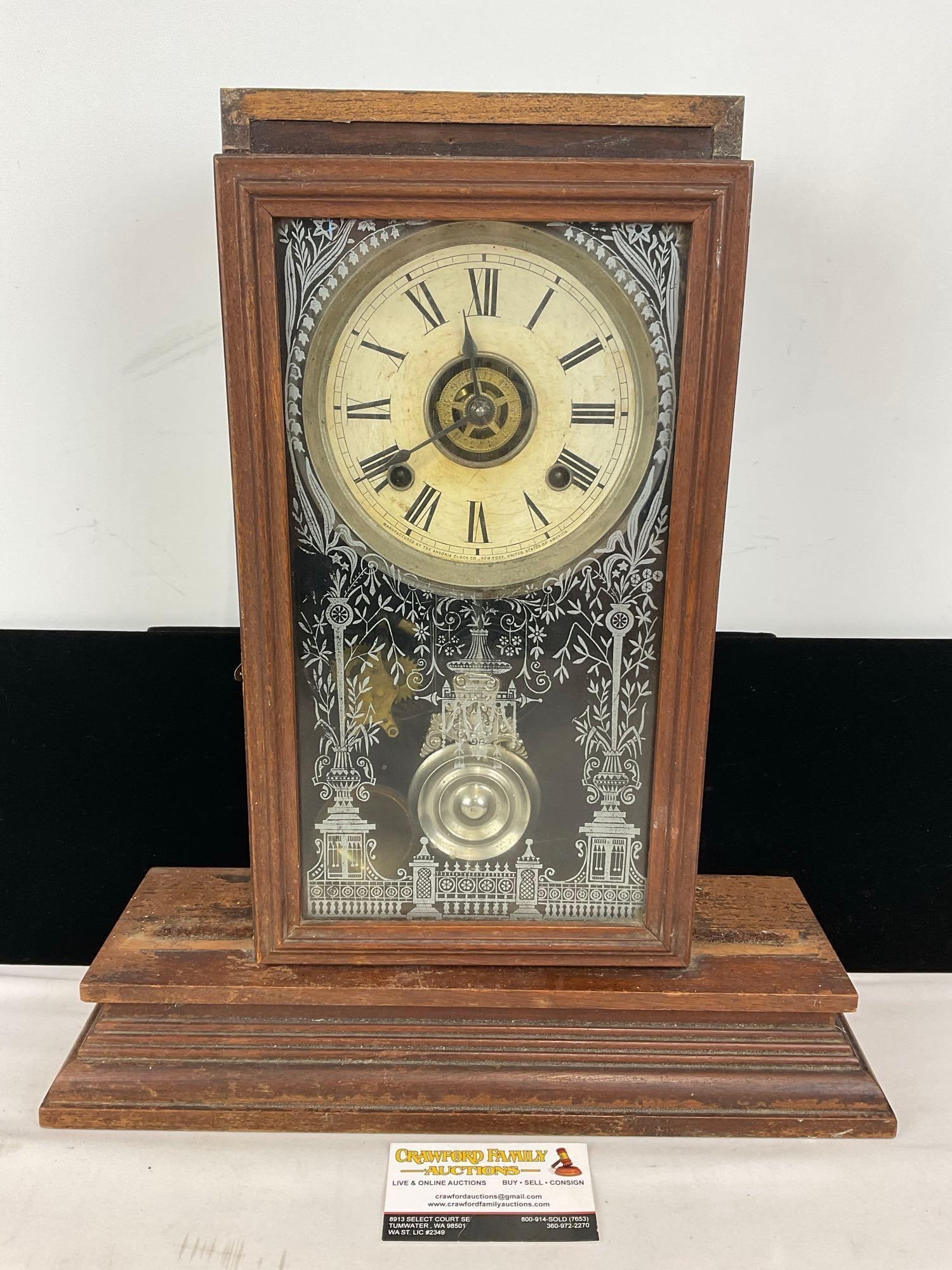 William L Gilbert Clock Co. Mantle Clock, Oak Case, painted glass front, 18h x 16w x 6d inches (1 of 6)