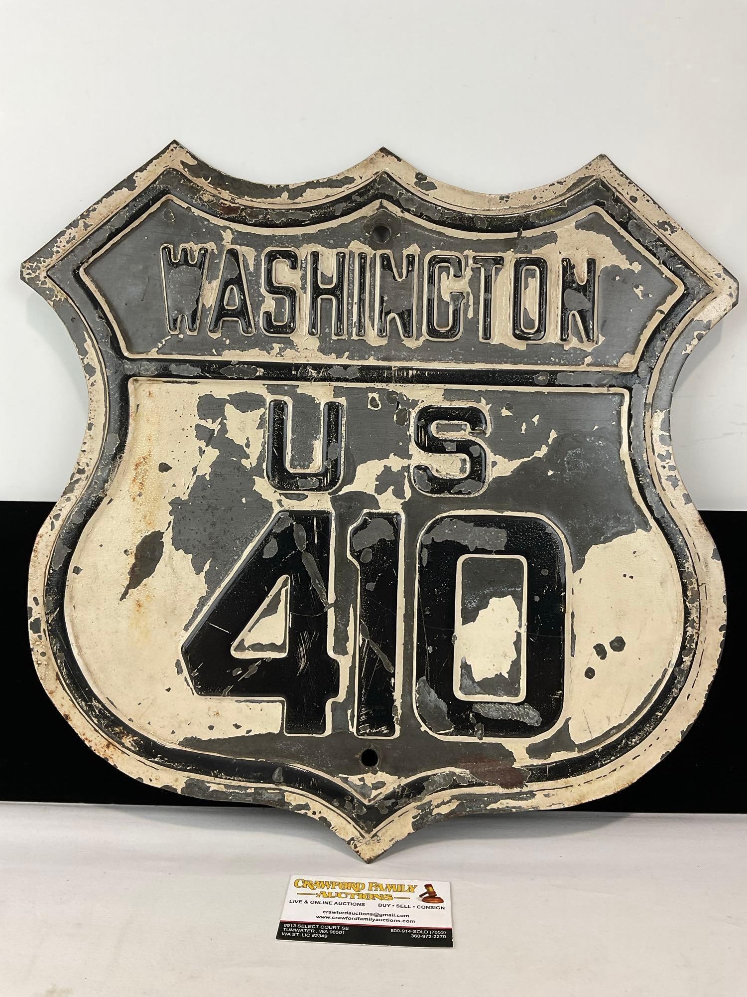 Vintage Washington State US Route 410 Highway Sign, worn Black Lettering on White painted Sign (1 of 4)