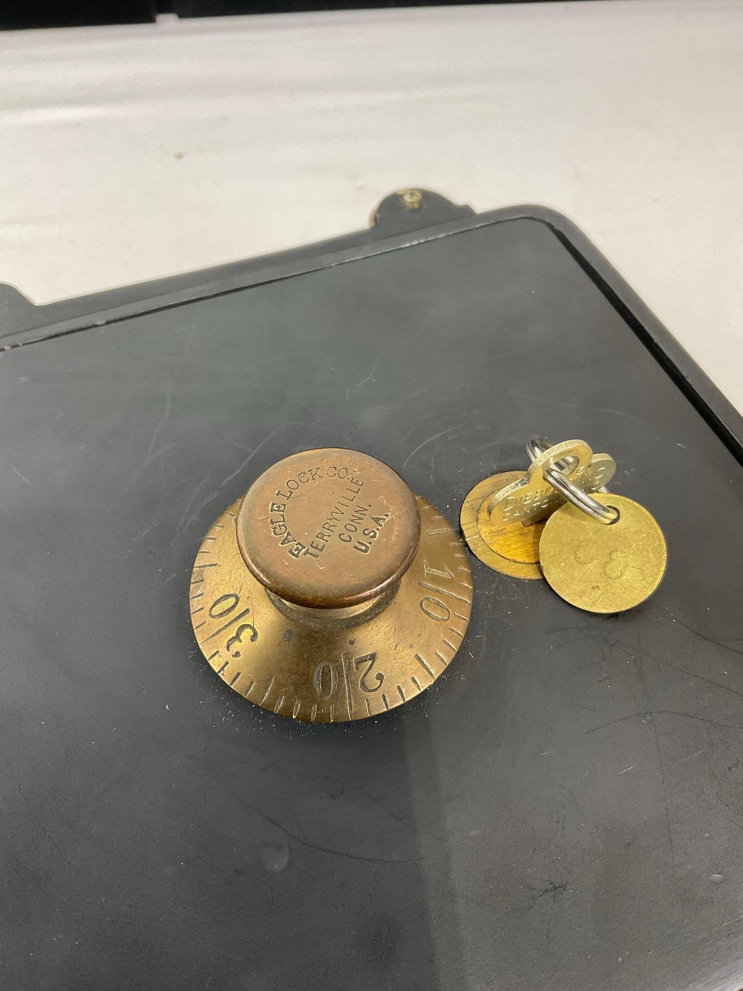 Antique Eagle Lock Co Heavy Metal Cash Bank w/ Diebold Lock & Key, 5h x 8w x 7d inches - 2